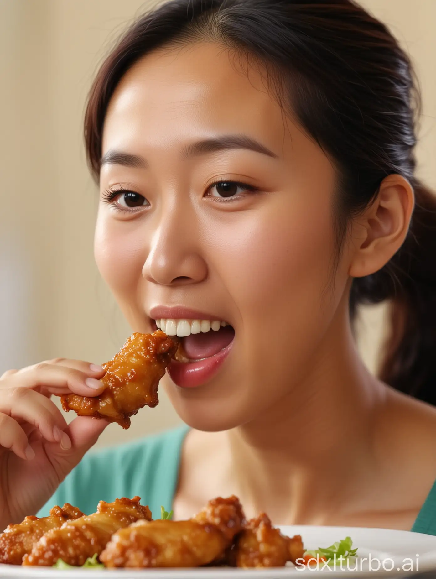中国的年轻妈妈开心的、投入的、享受的吃（撕咬）一个奥尔良味道的大鸡翅中的近景，高清，背景虚化，HD 4K --ar 9:16