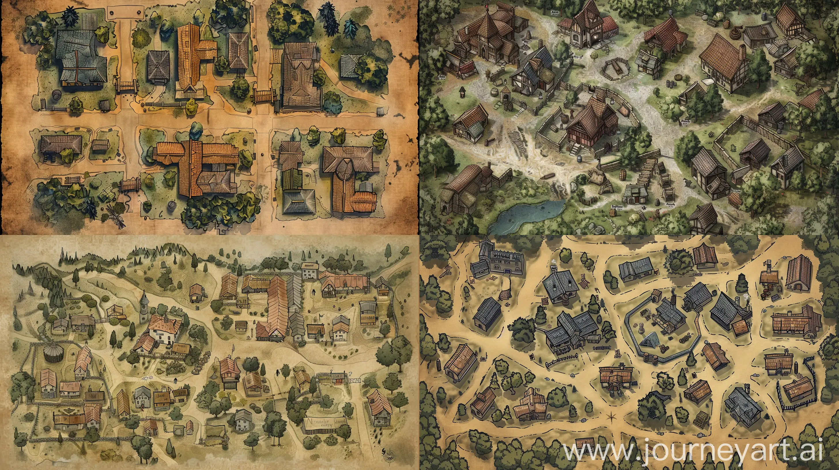 a map of the small village for playing D&D:: blueprint::1 ancient::1 caravaggio::1 rembrandt::1 gray::2 cardboard::3 --v 6 --ar 16:9