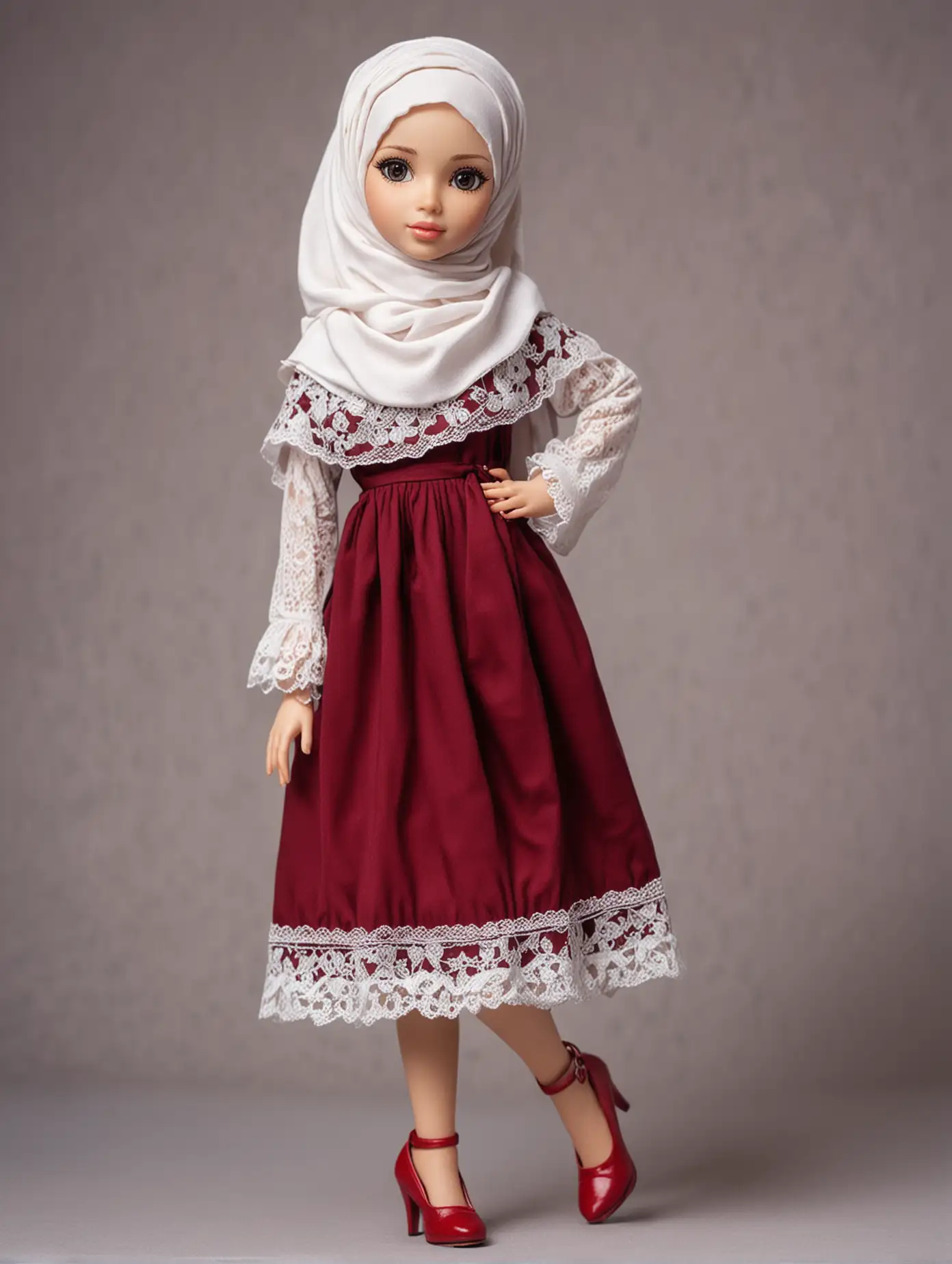 A beautiful teenage female doll, wearing a hijab, white skin, wearing a maroon dress, red shoes, on her hands