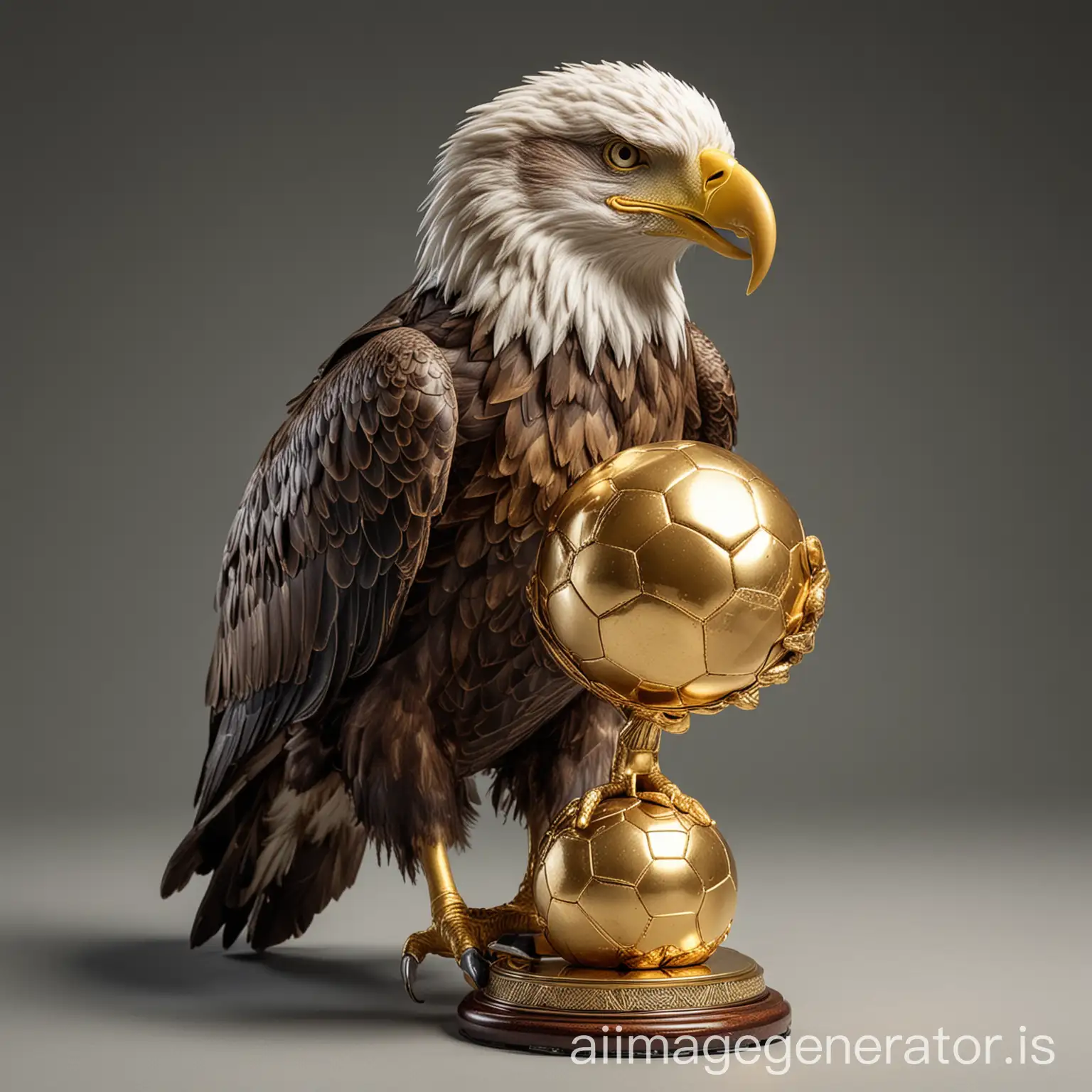 an eagle holding a golden soccer ball in the form of a trophy