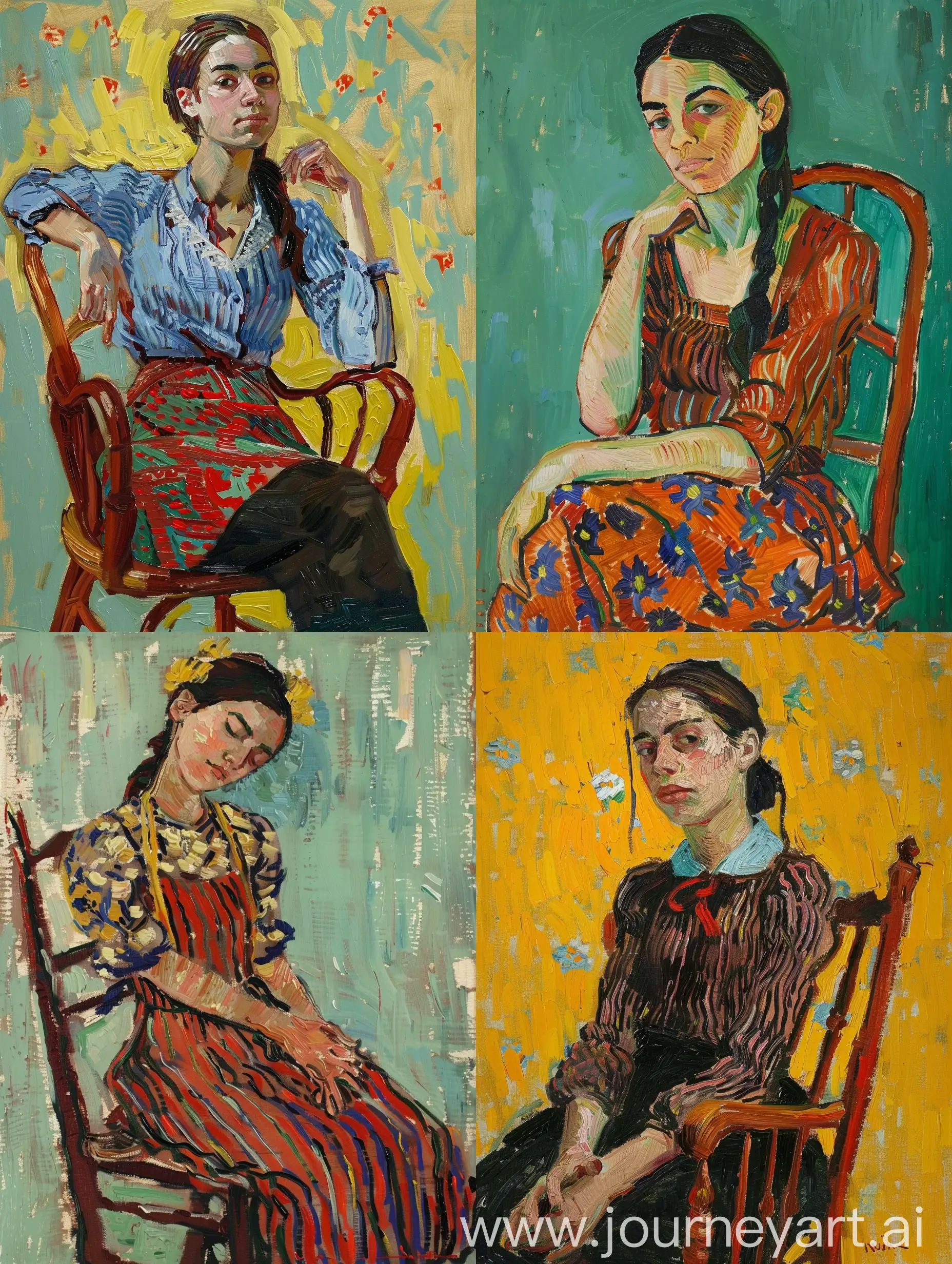 oil painting of a women on chair in van gogh style