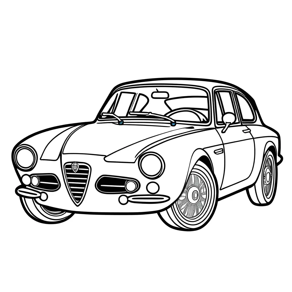 alfa Romeo 2024 car coloring page, Coloring Page, black and white, line art, white background, Simplicity, Ample White Space. The background of the coloring page is plain white to make it easy for young children to color within the lines. The outlines of all the subjects are easy to distinguish, making it simple for kids to color without too much difficulty