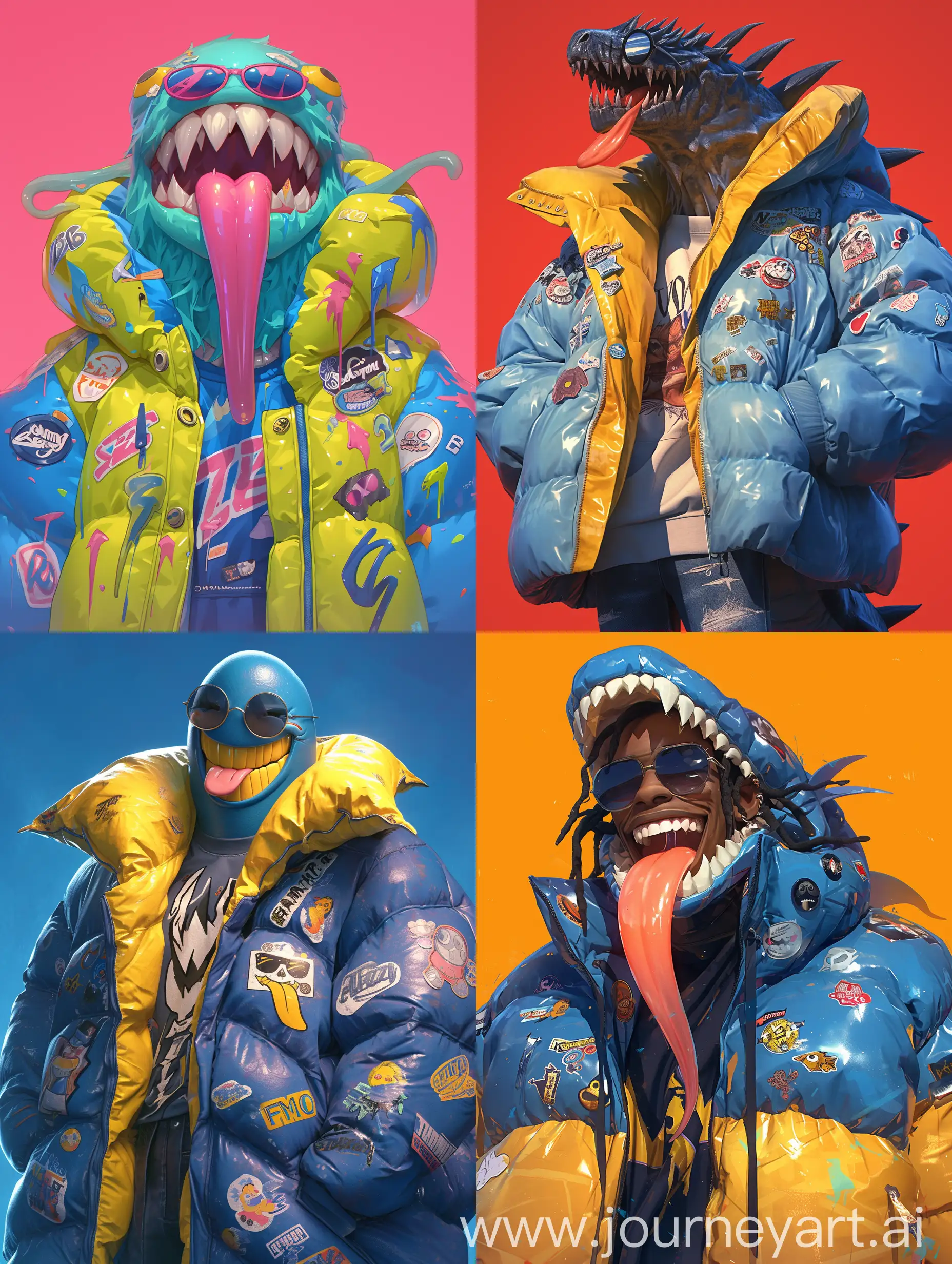 Colorful-Smiling-Monster-Character-with-Oversize-Puffy-Jacket-and-Unique-Accessories-3D-Rendered-CloseUp-Portrait
