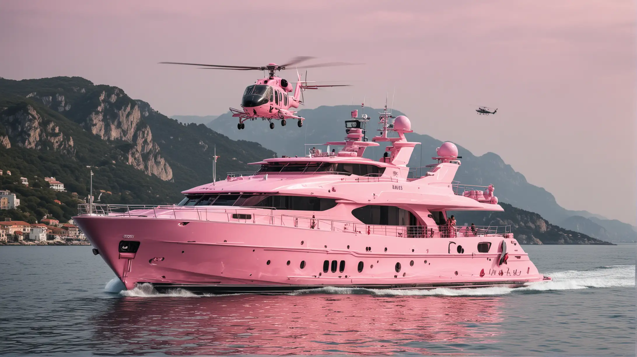 Luxury Pink Yacht with Helicopter Extravagant Ocean Travel Experience