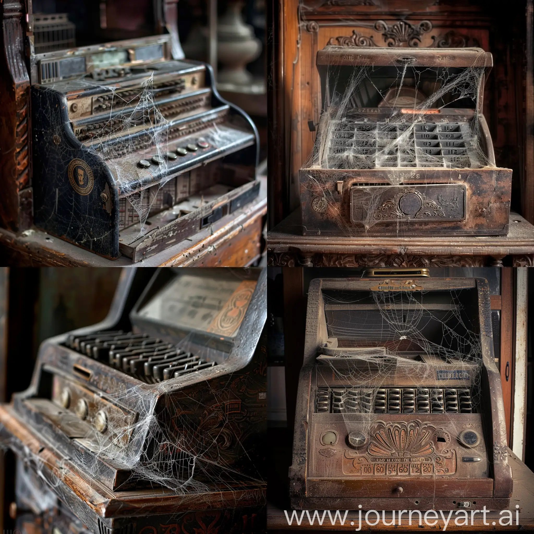 The old cash register open with cobwebs coming out from inside --v 6