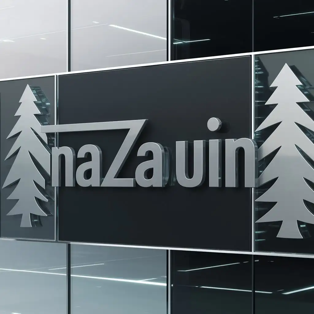 "Nazauin" in gray font, the font on a black and glass company and the sides of the company are trees