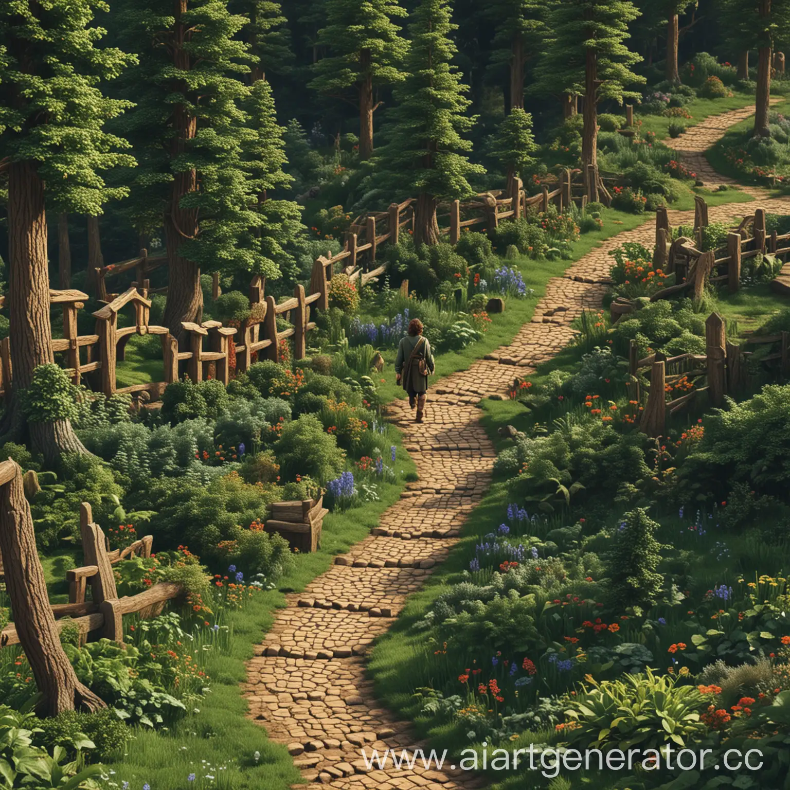 Создай постер в пиксилиарде на котором будет изображен Хоббит идущий по тропинке в лесу и чтобы Хоббит был на первом плане