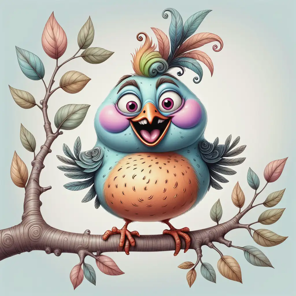Cheerful Fat Bird Perched on Branch in Pastel Drawing