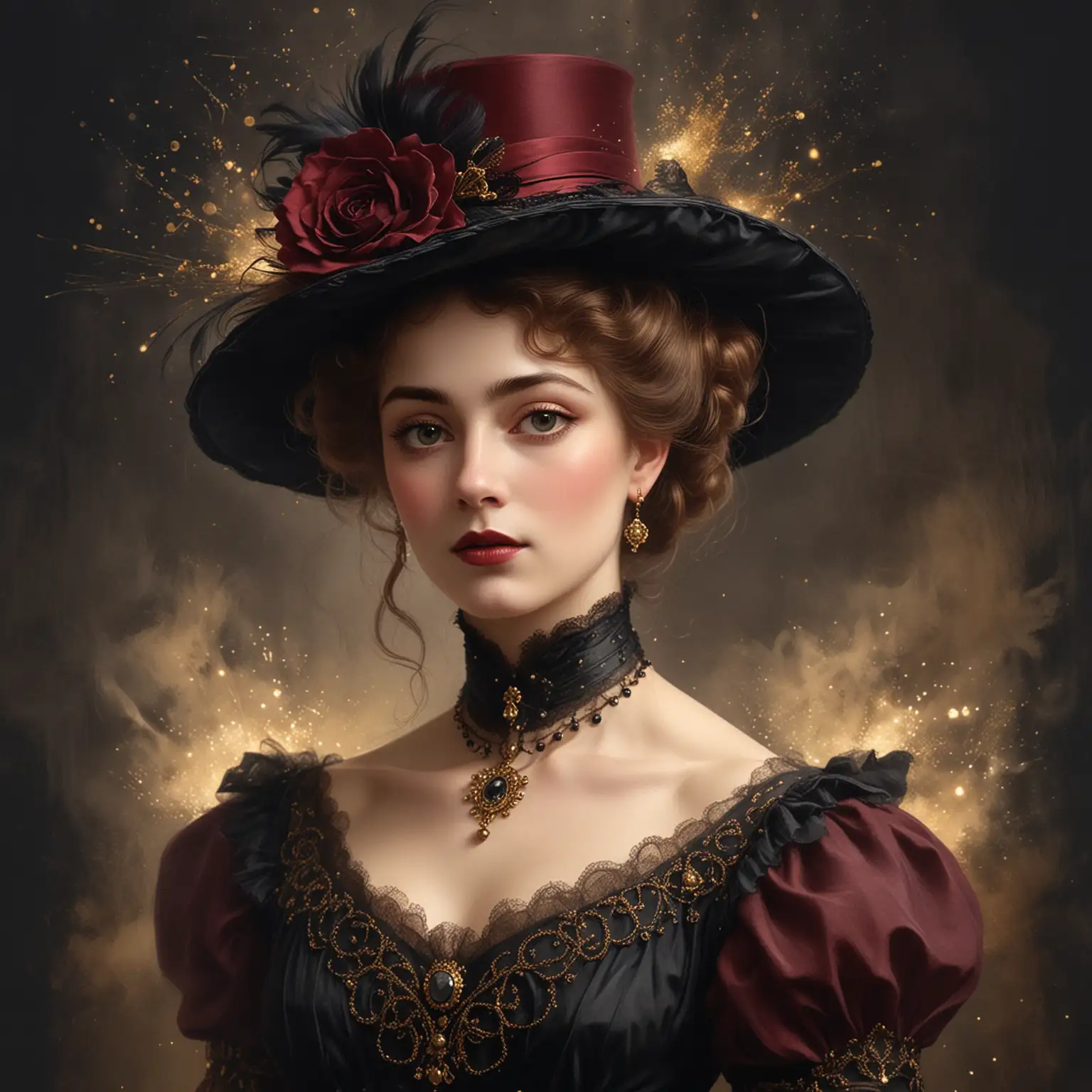 Illustration of a beautiful Edwardian woman, she's elegant,  burgundy and black fog, gold sparks