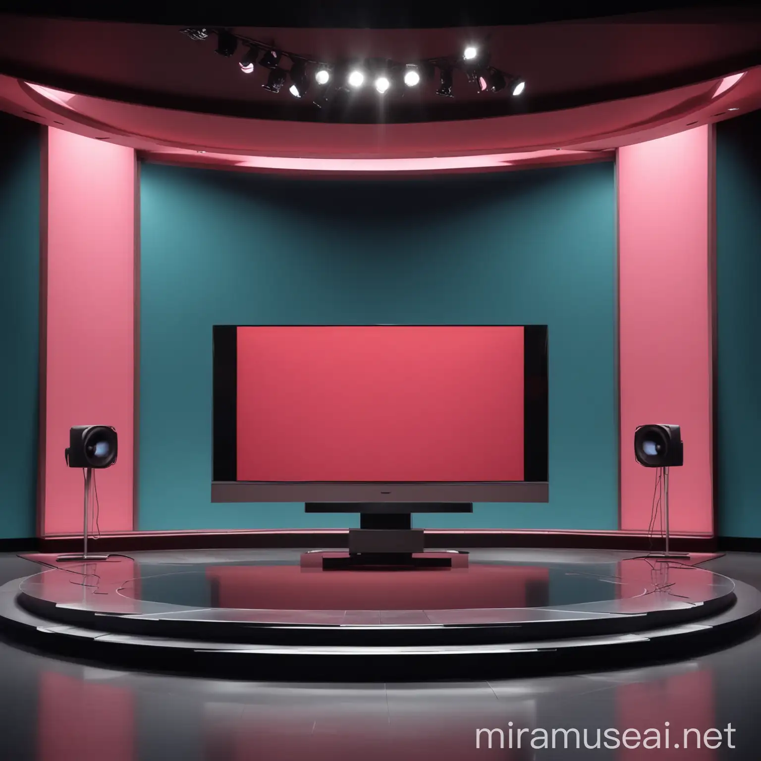 modern minimalistic TV set design debate talk show, wide landscape shot, round middle stage, vibrant background color.