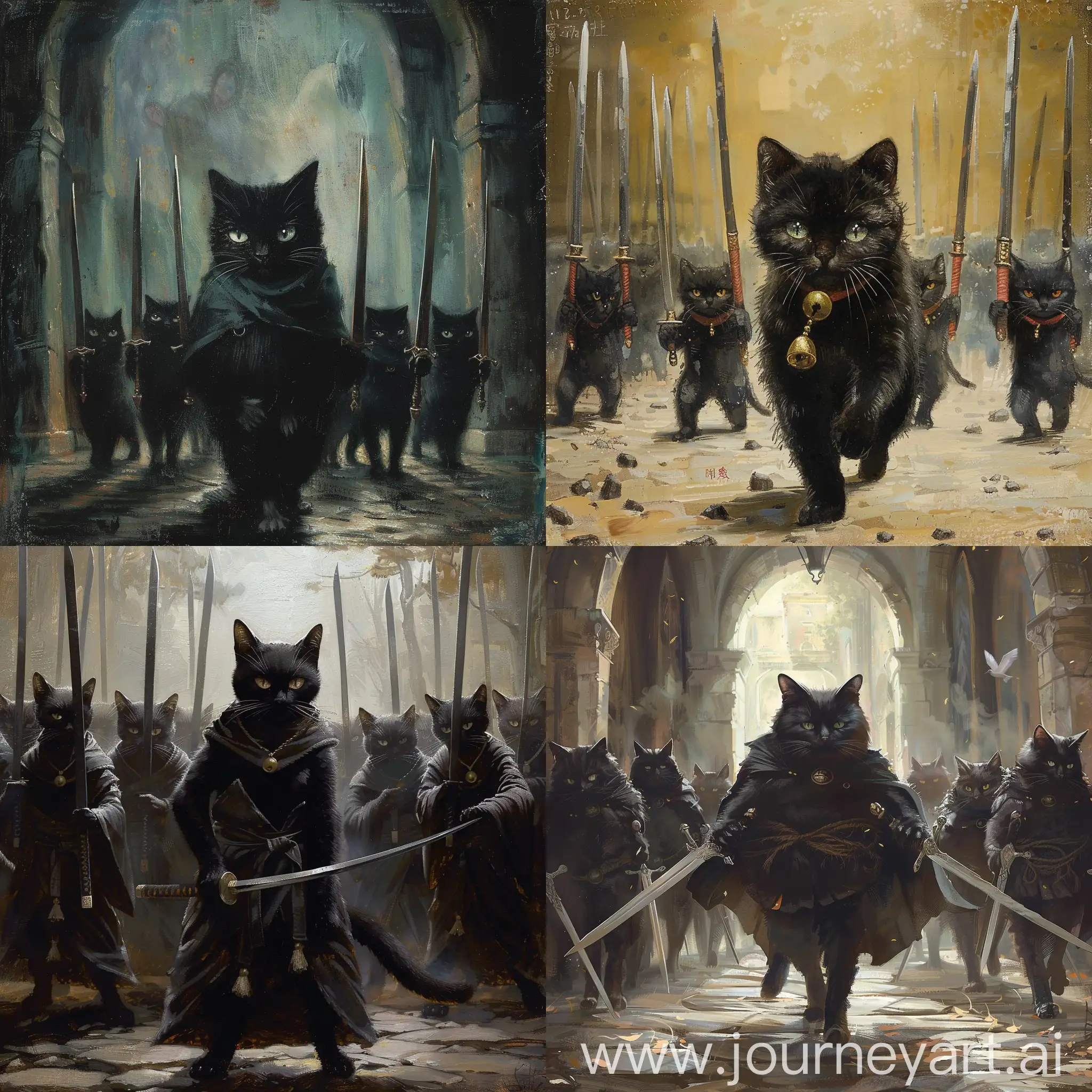 A black cat led by six sword cats