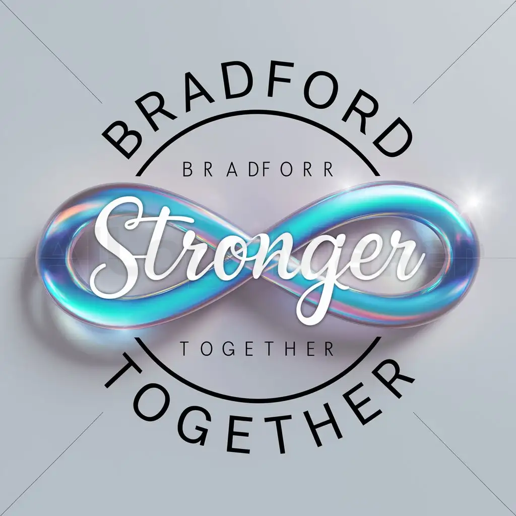a logo design,with the text "Bradford Stronger Together", main symbol:Bradford Stronger Together inside the circle with the rainbow iridescent infinity. Slogan Connect Support Unite,Moderate,clear background