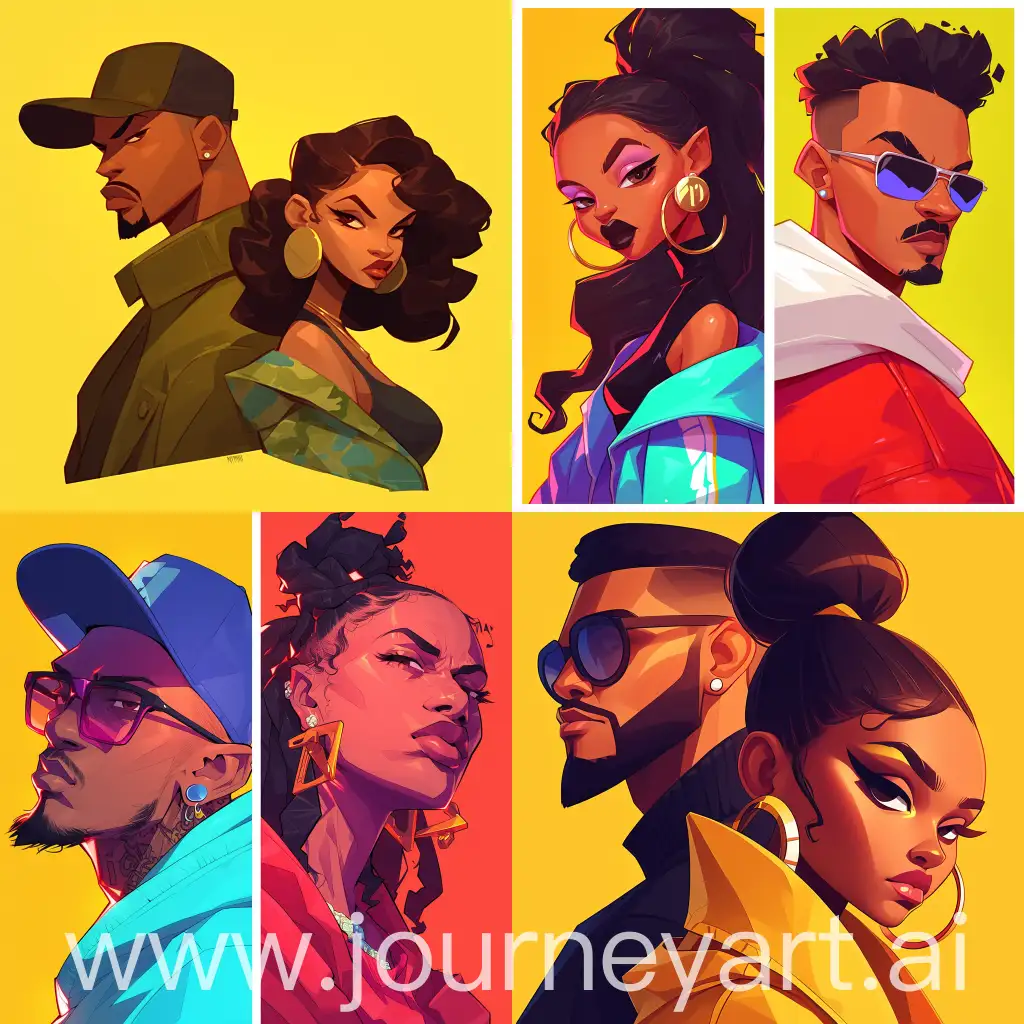 Cartoon caricature hip hop male and female portrait poster, character art by Matt Fraction, simplistic shading, strong lines, heavy bold linework, animated illustration, I cant believe how beautiful this is cartoon/anime/comic/graphic novel inspired --niji 6