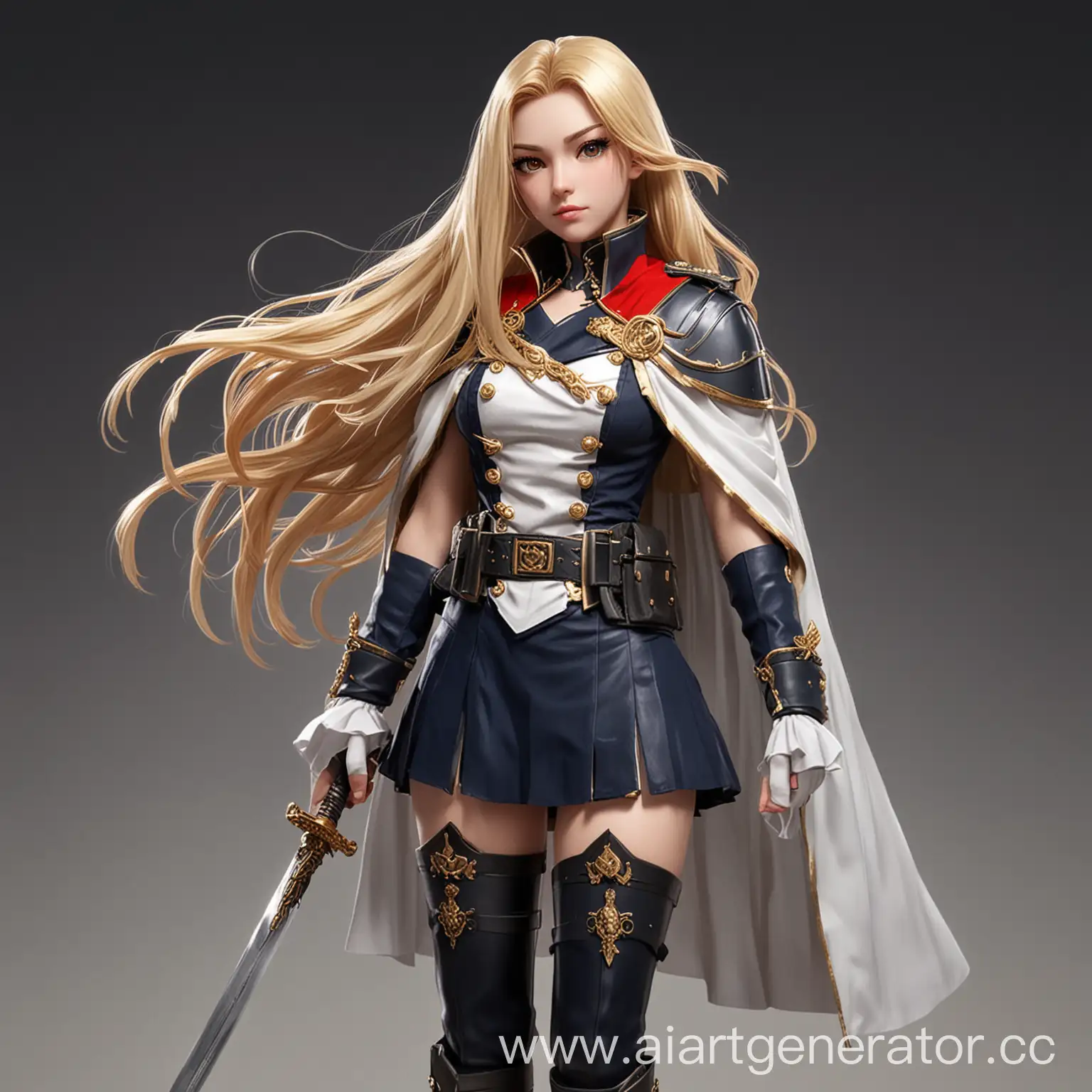Anime-style character with long blonde hair, wearing a navy military-inspired outfit with gold trim, a white cape, and black thigh-high boots. The character has a serious expression, with a red accessory near their ear, and is holding a sword by their side. The background is a dark gradient fading to light at the bottom.