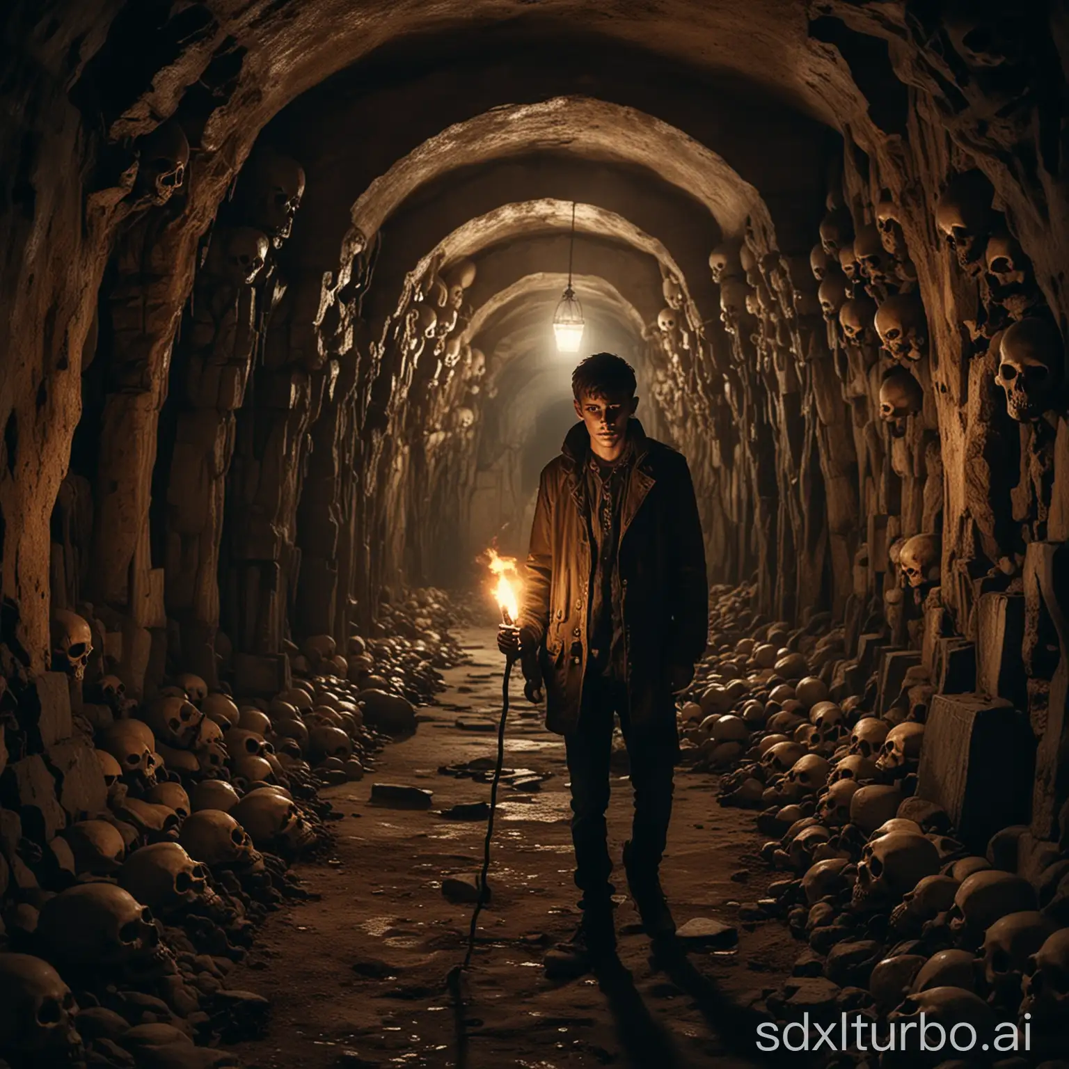 Create a square, 1:1 aspect ratio, high definition, image of a true scary Paris catacombs story. The image must be photorealistic, scary, show a full body shot of a very scared young man in dimly lit catacombs, skulls, terrified young man, casual attire, holding a torch in a hand, alone, body pose about to escape, avoiding attack, atmospheric, dark, scary catacombs full of skulls, vivid colors, cinematic, catchy, must pop and catch attention, wide shot. Not a monster, no monstrous faces.