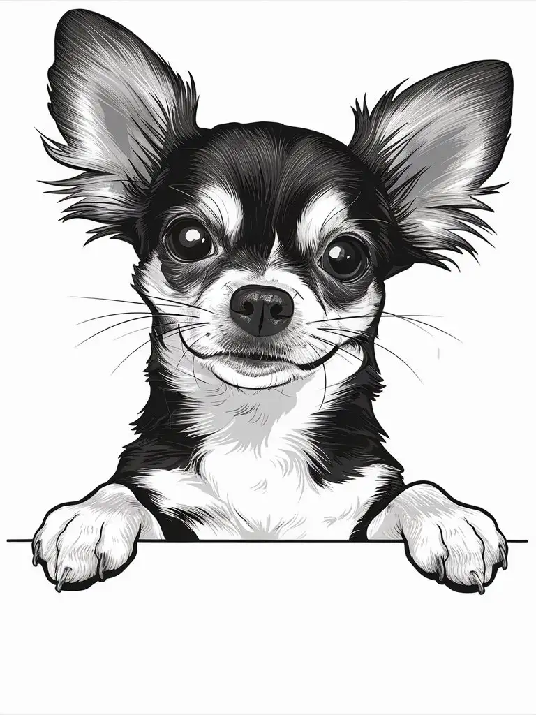 a black and white illustration of a Chihuahua’s face and front paws peeking over what appears to be a horizontal line or edge. The dog has large ears, wide eyes, and its paws are resting on the line as if it’s looking over a wall or barrier. This charming illustration might appeal to those who appreciate pet artwork or are fans of Chihuahuas.