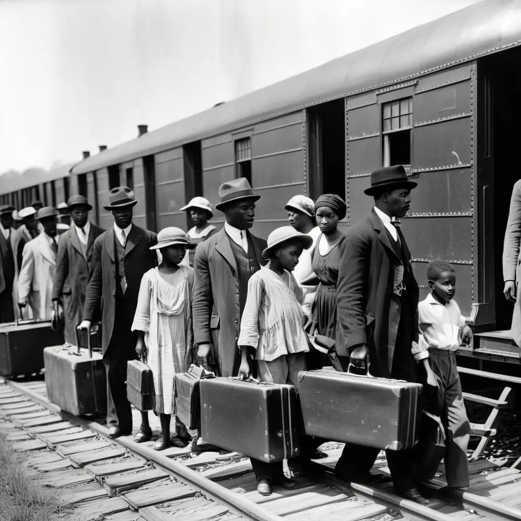  African American men, women and children, boarding trains in the rural south with suitcase, during the great migration, 1920