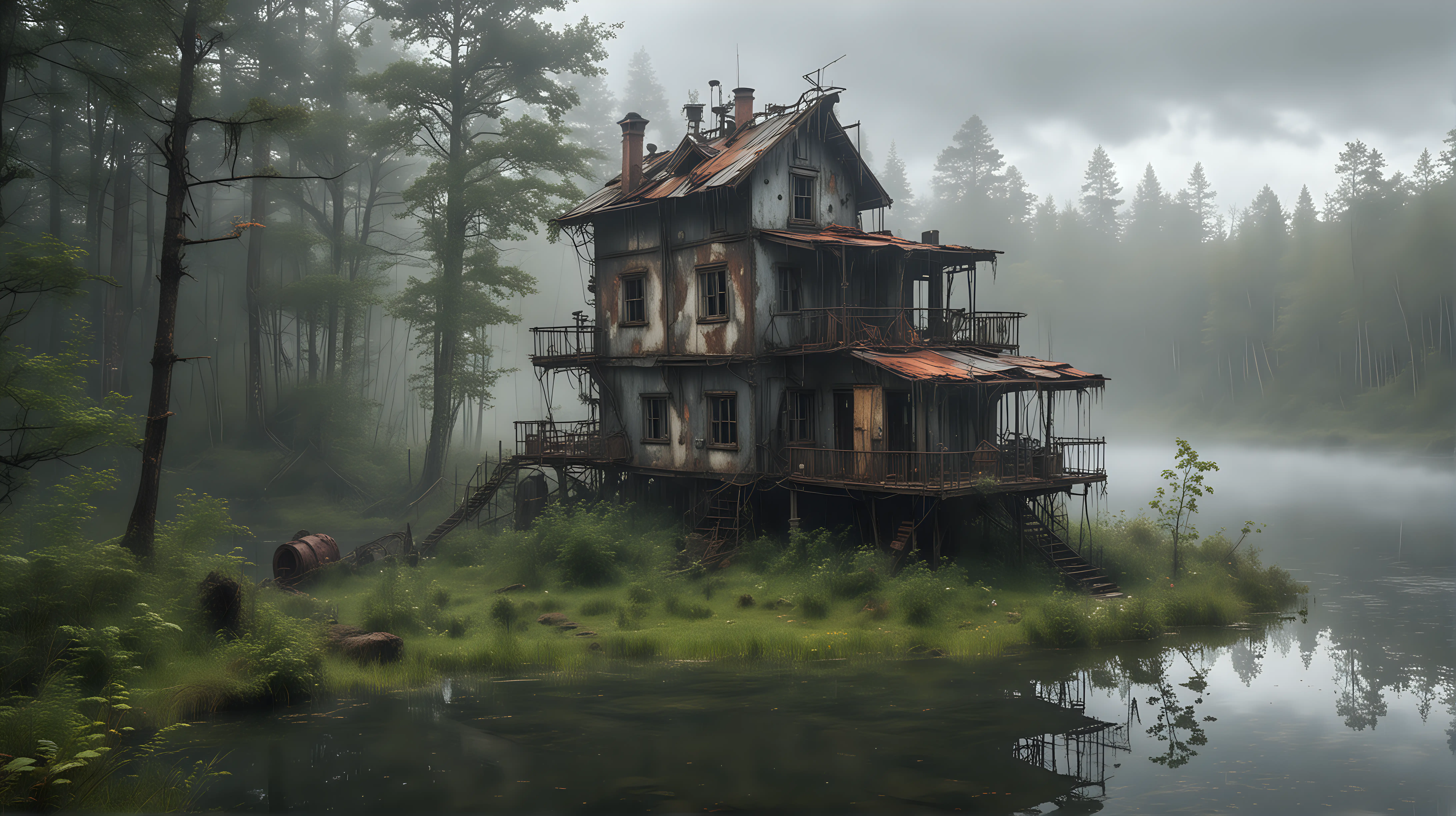 A mysterious, half-ruined steampunk house on a small island on a wild lake in a forest, mist, smoke, rain, cloudy, distant view