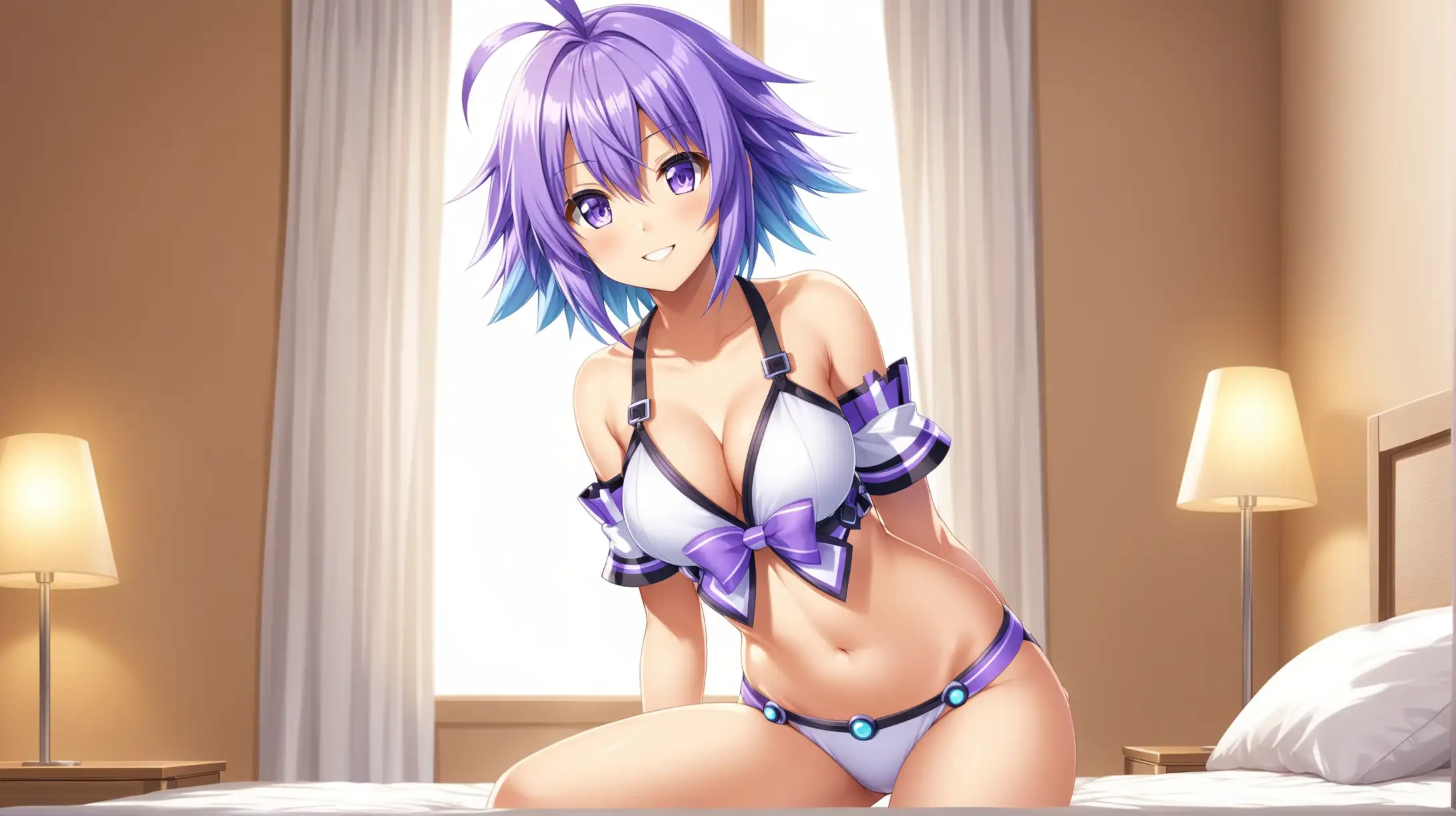 Draw the character Neptune from Hyperdimension Neptunia, short hair, high quality, natural lighting, long shot, indoors, bedroom, seductive pose, comfortable outfit, revealing, smiling at the viewer