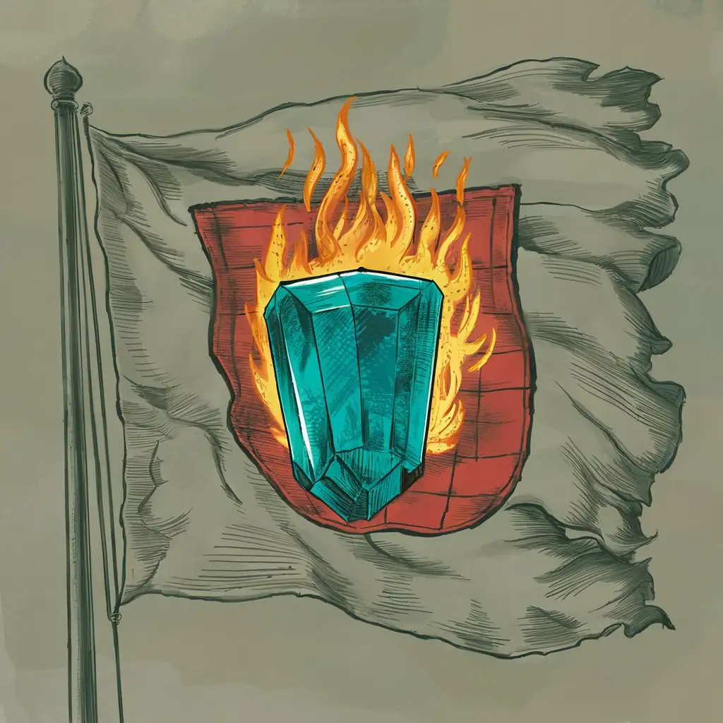 mittelalterliches wappen auf einer flagge, das wappen zeigt einen Schild aus emerald kristallen der in einem feuer steht ohne abbildungen auf dem schild, alles ist in 2D