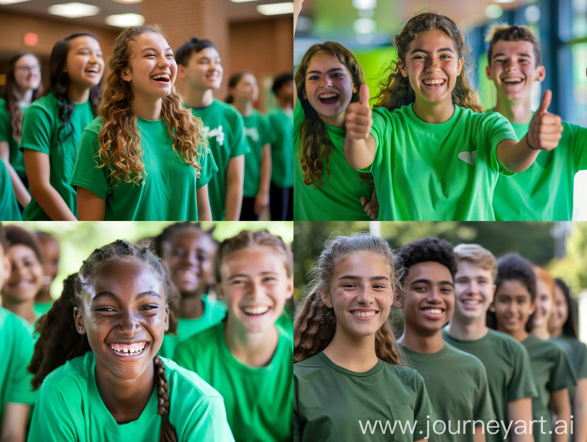 Фото счастливых студентов в зелёных футболках