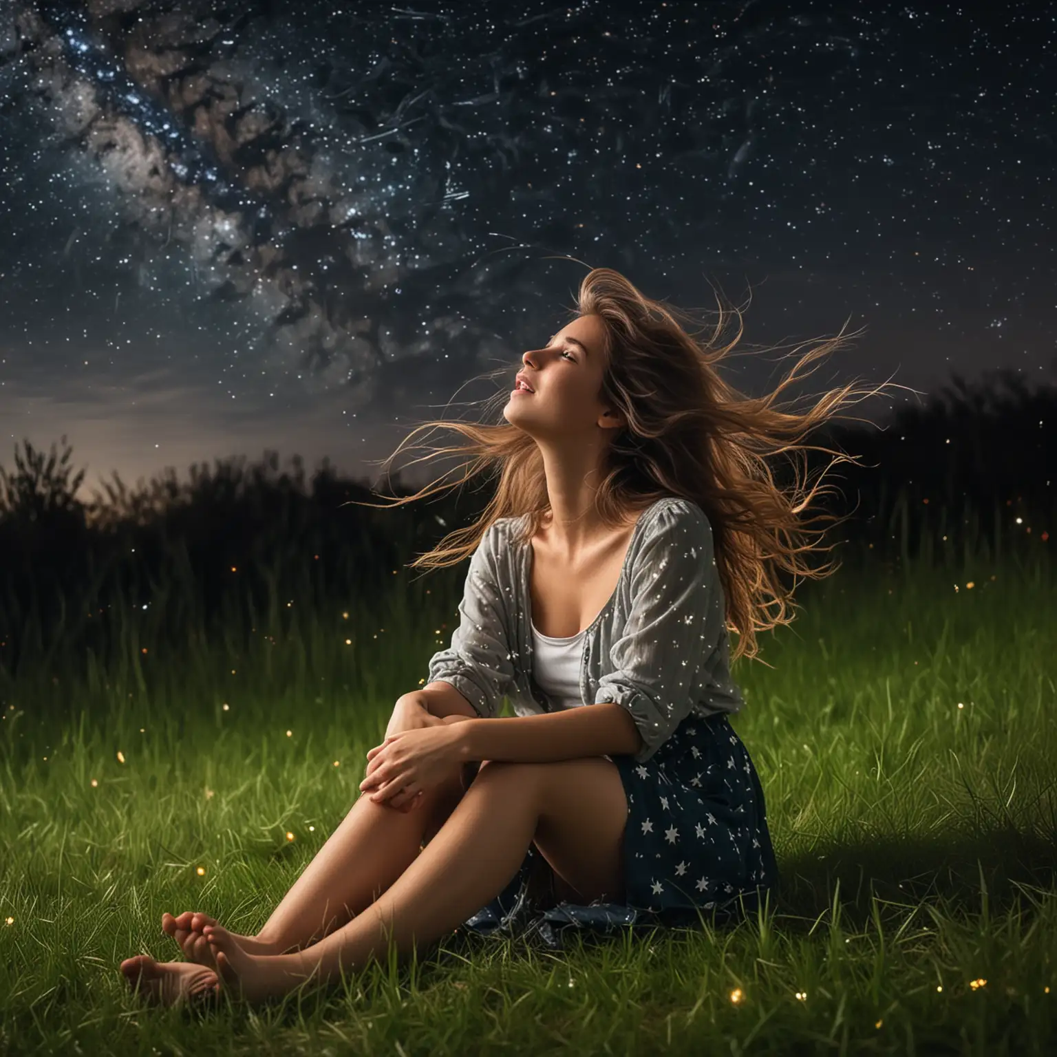 一个漂亮的姑娘在草地上坐着微风吹过头发抬头看星星