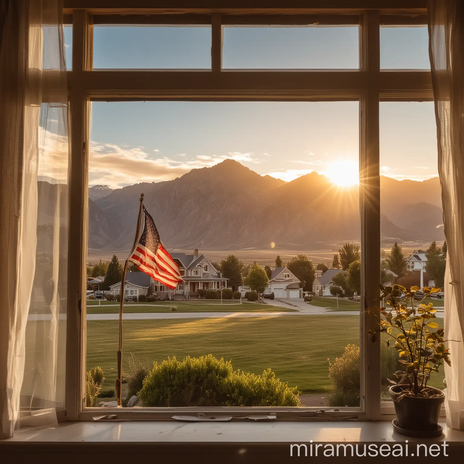 view from the window of a house to an American house with an American flag in front with huge mountains in the background at sunrise with the golden sun shining on them very beautiful