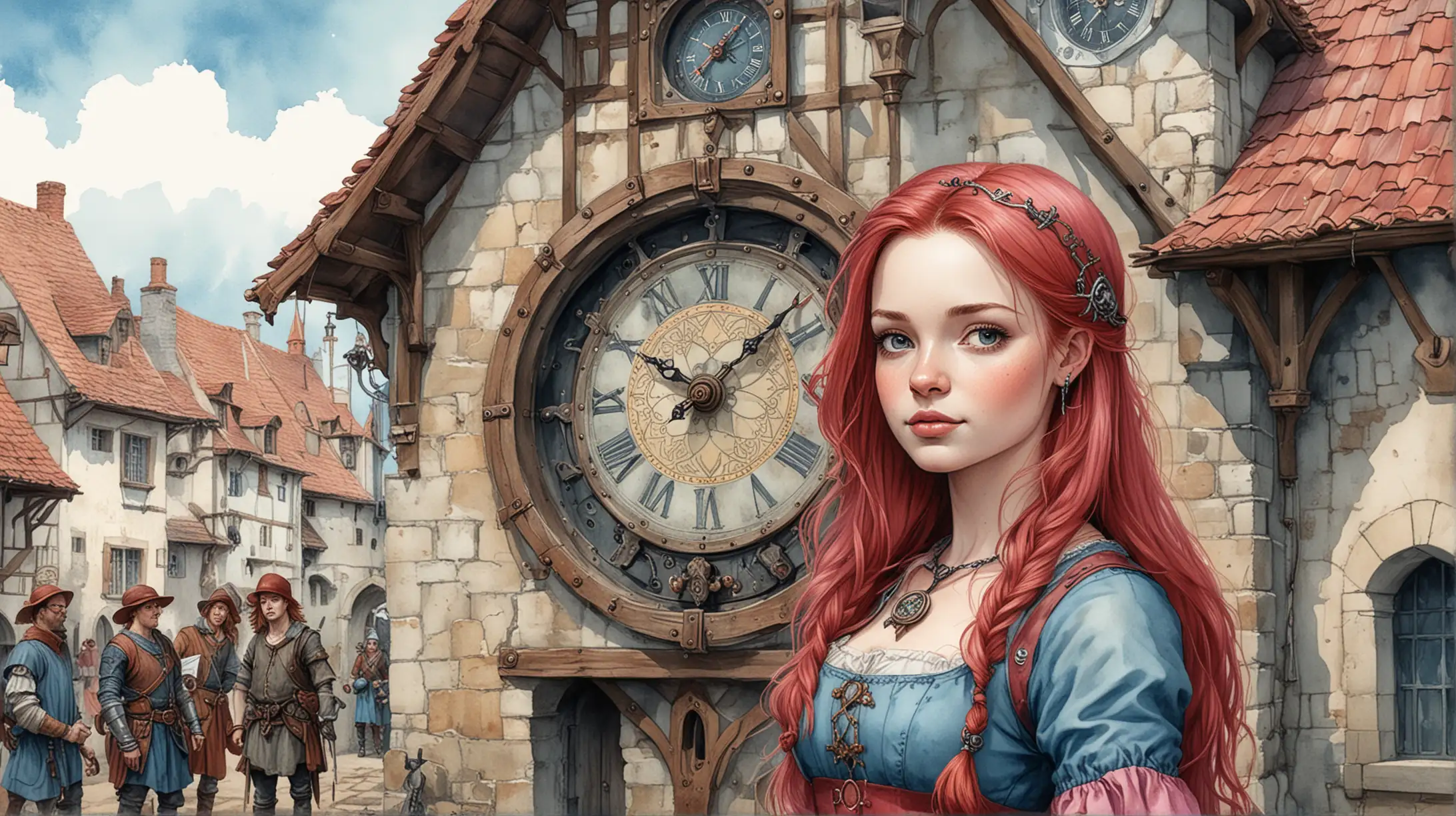 Digital illustration, medieval illustration, medieval steampunk illustration, medieval clock, red haired medieval villagers, 300dpi, Graphic Art, in a dark pink and light blue watercolour and ink wash