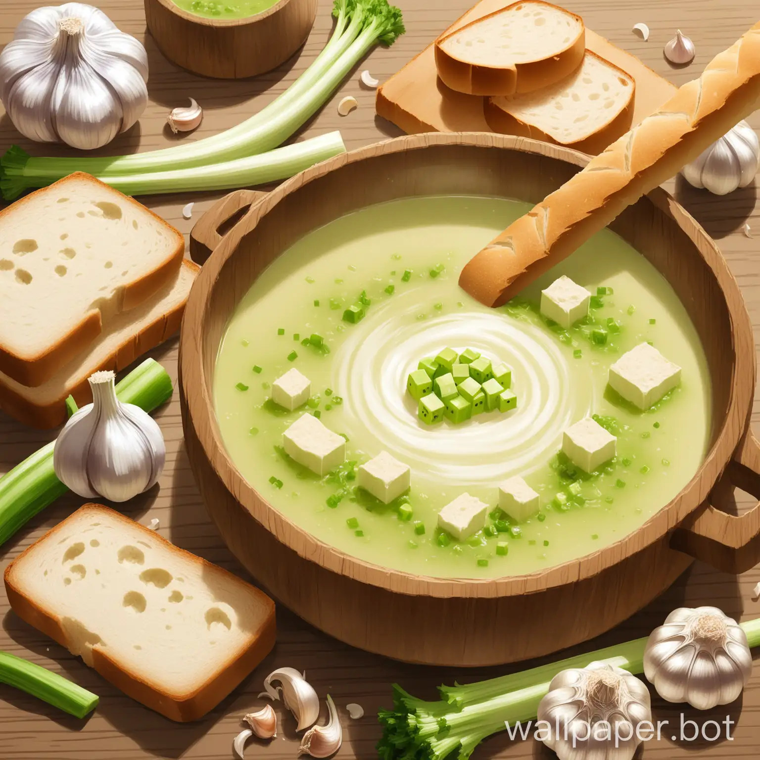 wooden places for the soup,made soup with cream of celery,made a piece of baking bread to dice in the soup,and a piece of baking bread next to the garlic, detail picture