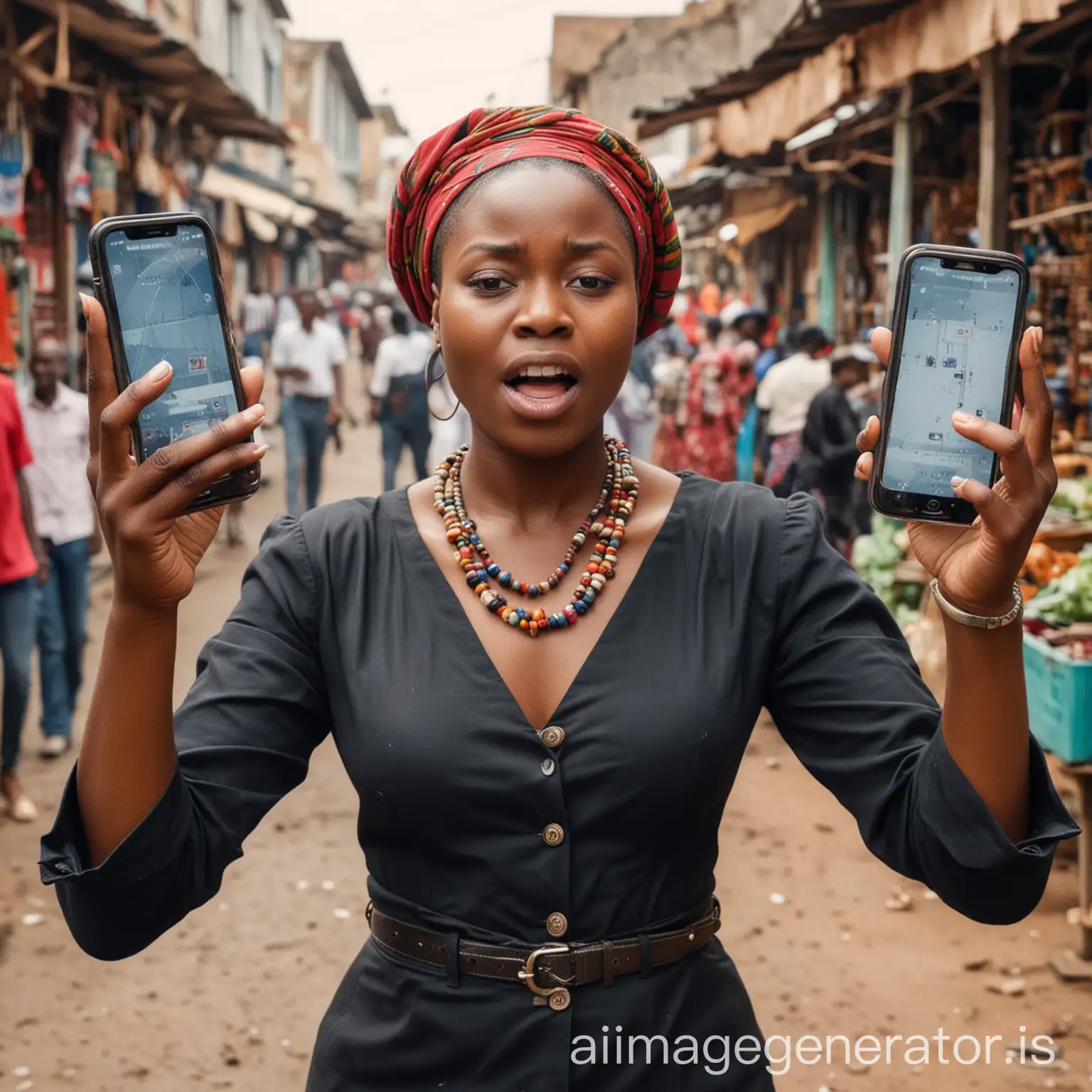 An African mad woman tapping her three phones simultaneously with both hands furiously in the market place