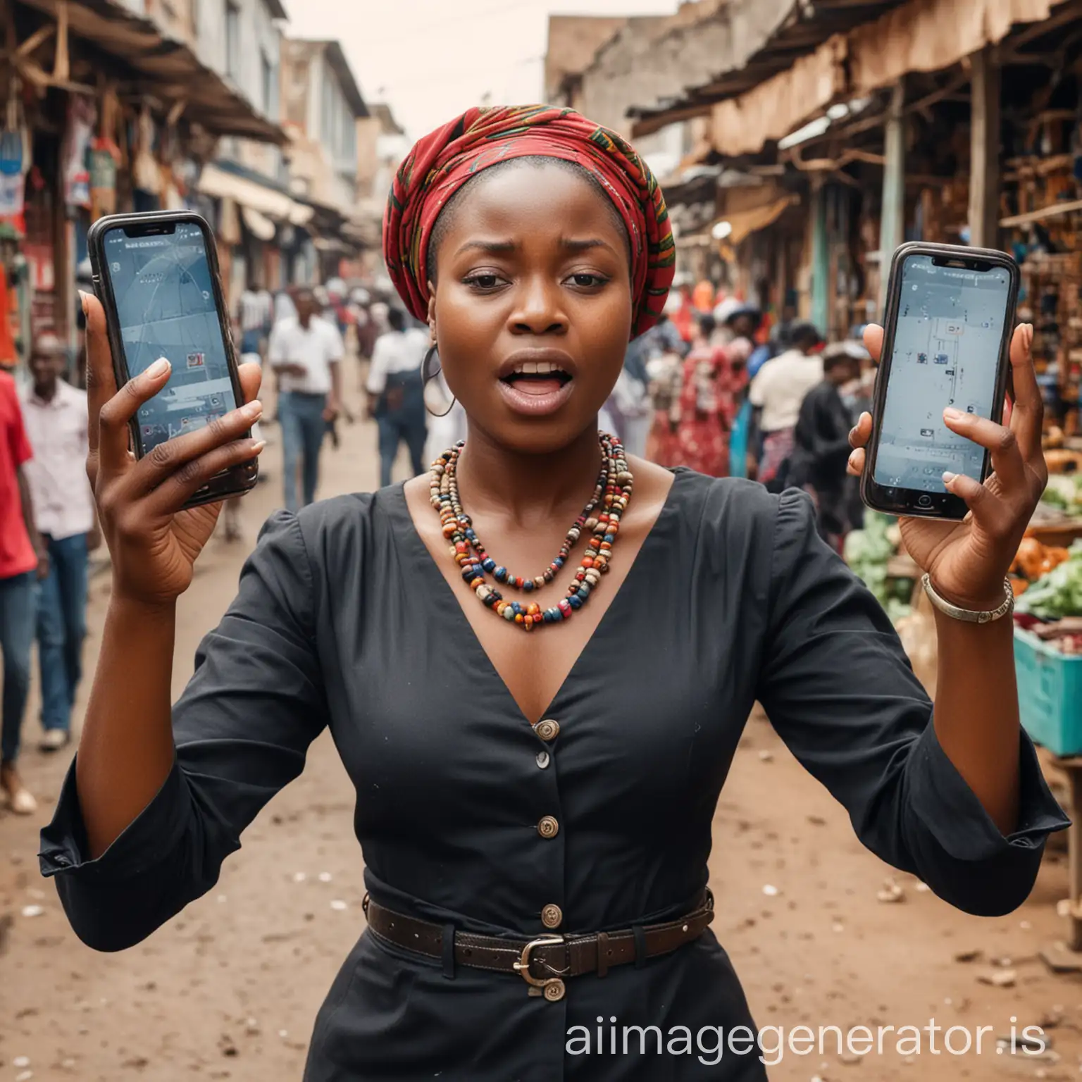 An african mad woman tapping her three phones simultaneously with both hands furiously in the market place