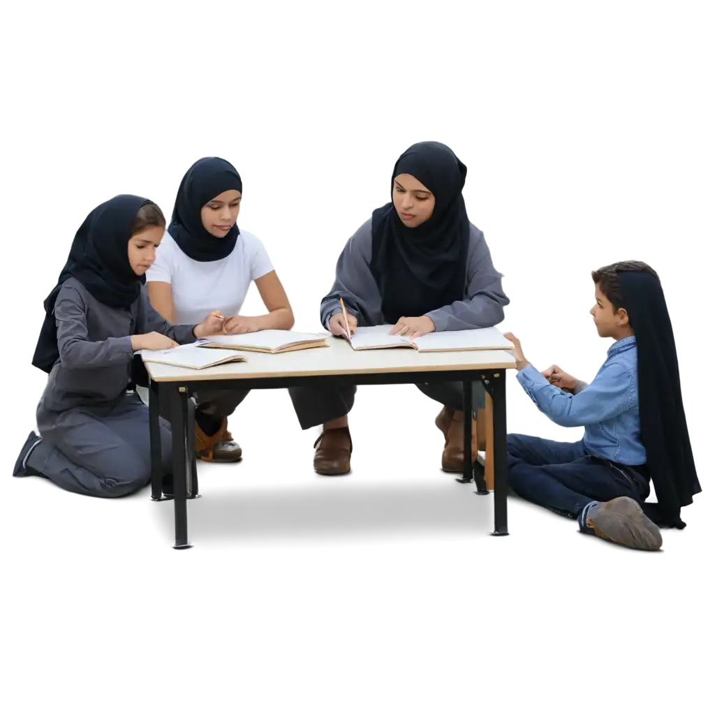  ایک کلپ آرٹ کلاس روم میں تین تین بچوں کے چار گروپ  بیٹھے پڑھ رہے  ہوں اور حجاب میں ملبوس ٹیچر انہیں کھڑے ہو کر پڑھا رہی ہو ۔ کلاس روم کی دیوار پر ایک گھڑی  ہو ۔ یلف رکھا ہو 