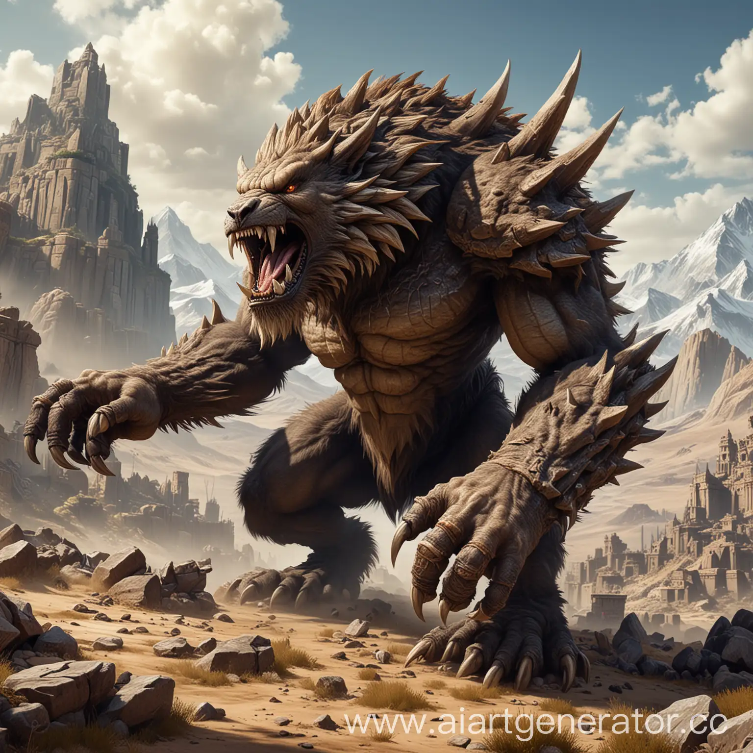 a huge Behemoth and Ancient Behemoth is a 100 percent hairy creature with a place of hands three large claws from the game heroes of might and magic 3 with massive paws a hump a lot of untidy gray fur a large lower jaw with fangs against the background of mountains and ruins and deserts claws, monster, no humans, open mouth, transparent background Three very large claws place the fingers in a full very