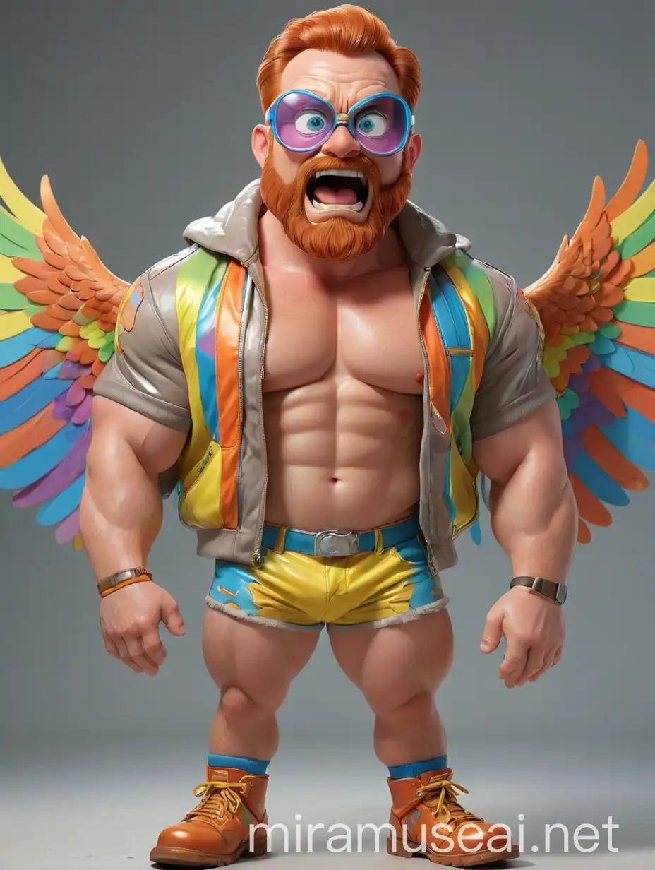 Big Eyes Topless 40s Ultra Beefy Redhead Bodybuilder Daddy with Beard Wearing Multi-Highlighter Bright Rainbow Colored See Through huge Eagle Wings Shoulder Jacket short shorts low leather boots and Flexing his Big Strong Arm Up with Doraemon Goggles on forehead
