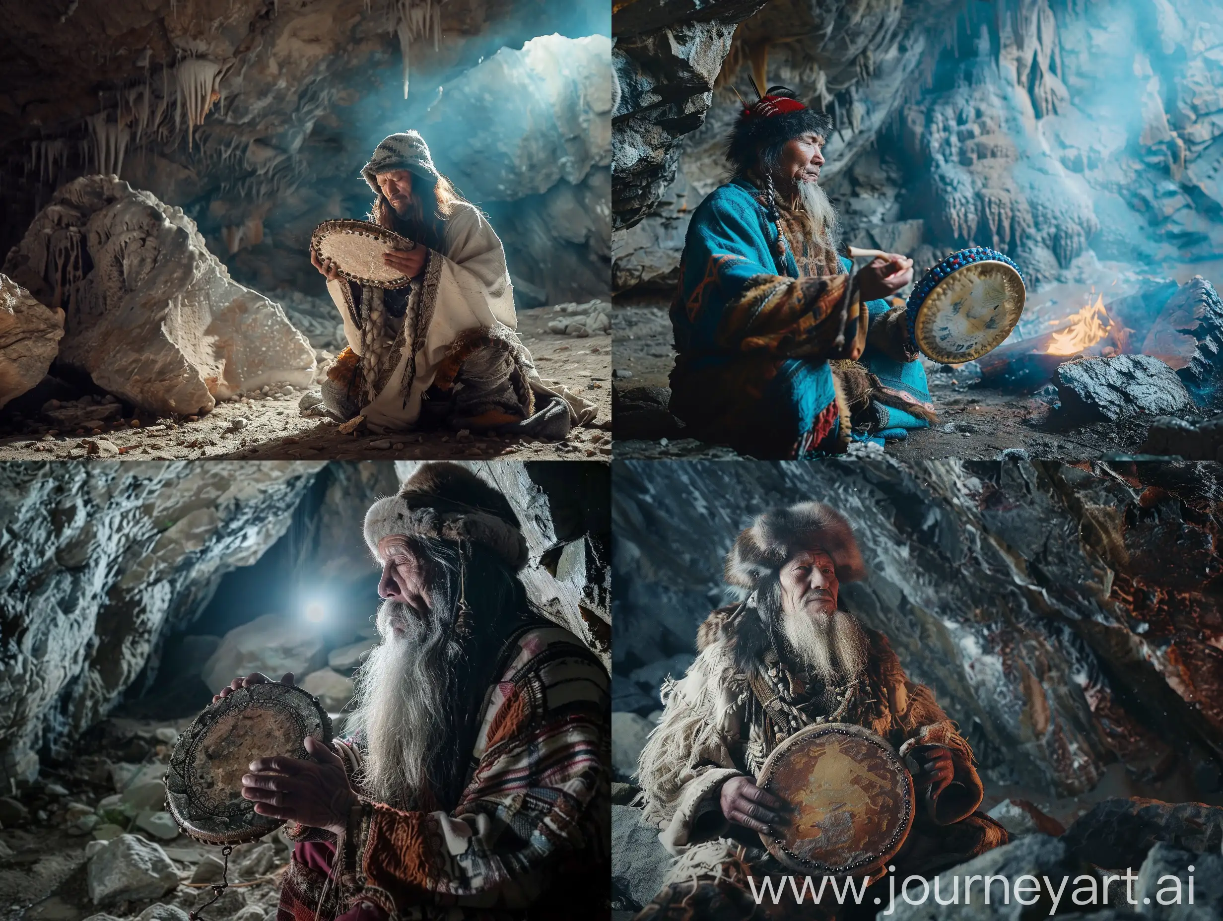 a shaman from Altai is summoning an ancient dead spirit in a cave with a shamanic tambourine, 8K