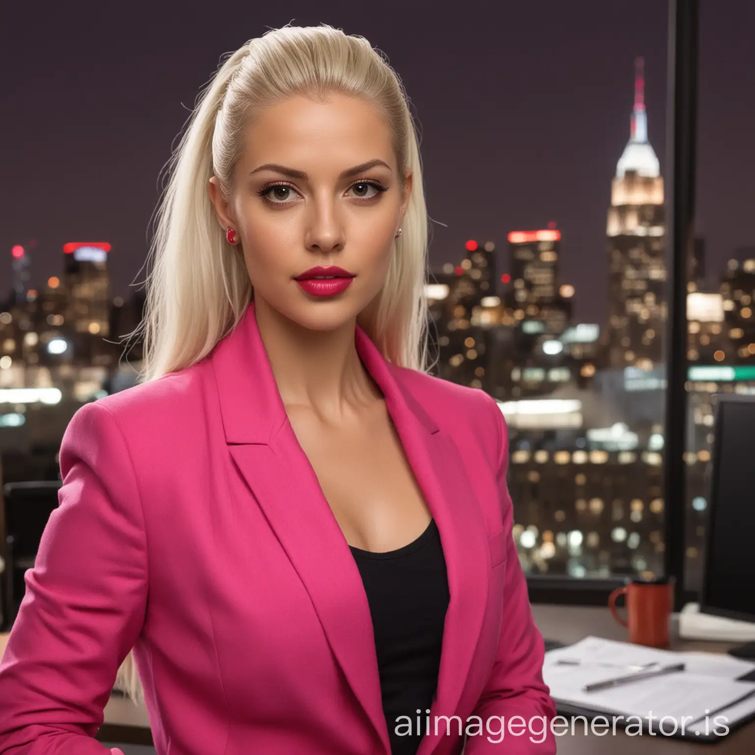beautiful 30 year old white woman with long, bleach-blonde hair in a slicked-back ponytail, brown eyes, red lipstick, wearing a hot pink blazer, with a serious expression, in a high rise office at nighttime