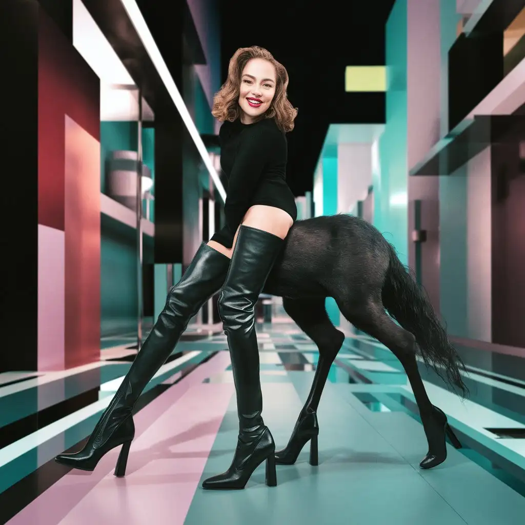surreal image, woman with 4 legs, wearing leather over-the-knee boots