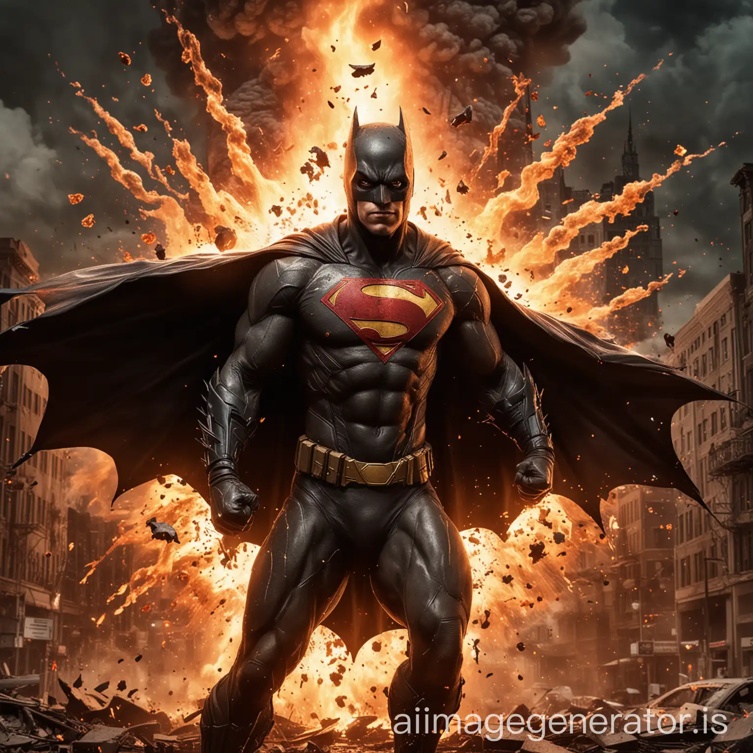 bat man combined with super man  fire an explosions in the background