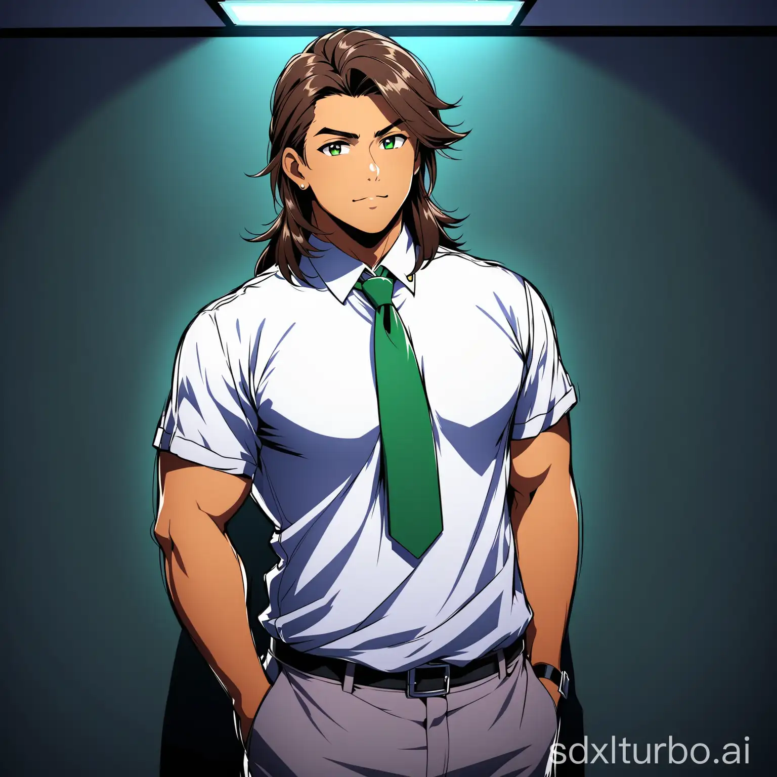 a handsome young tan and chubby, brown-haired mullet style, green-eyed, with a gray-violet college uniform, in a dark room, posing sensually