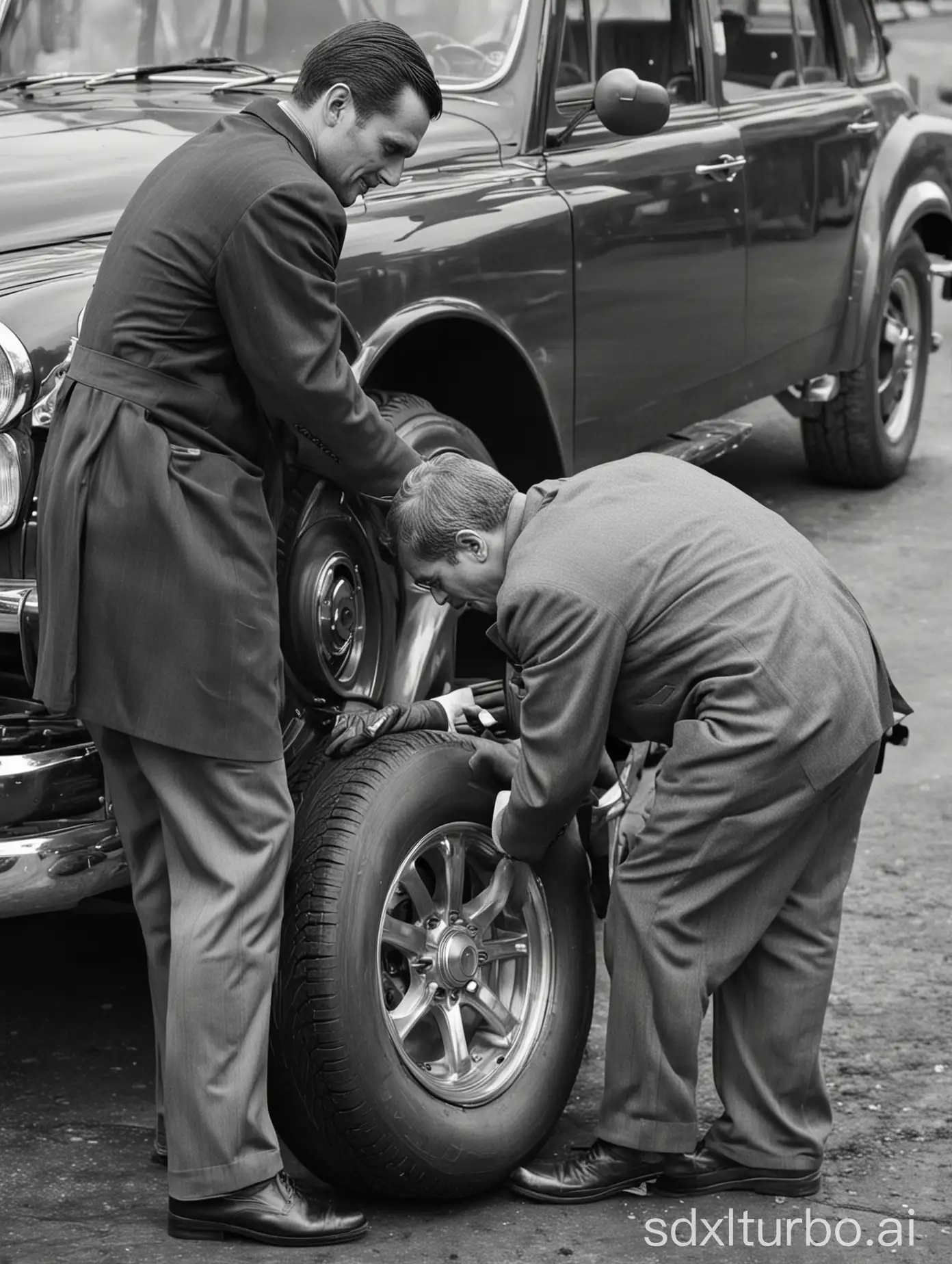 a distinguished man changing a car tire