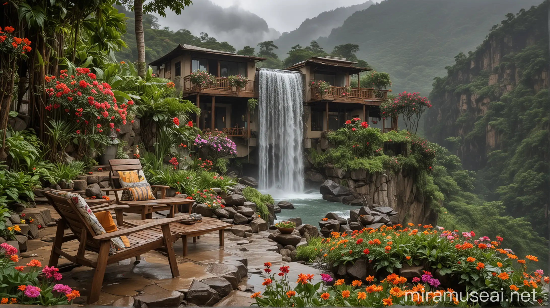 Mountain Monsoon House with Flower Garden and Waterfall Seating Area