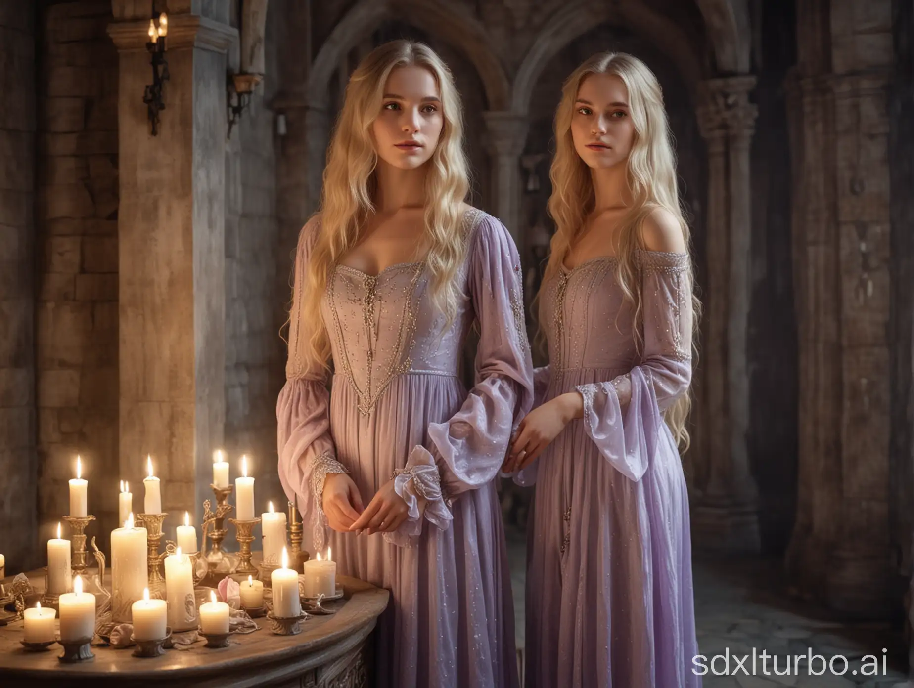 A beautiful girl with long blonde hair, slightly curling at the ends, wearing a delicate pale-lilac medieval dress with a deep bodice looks at a big transparent cup with water , in a mysterious room with candles and mystical artifacts.