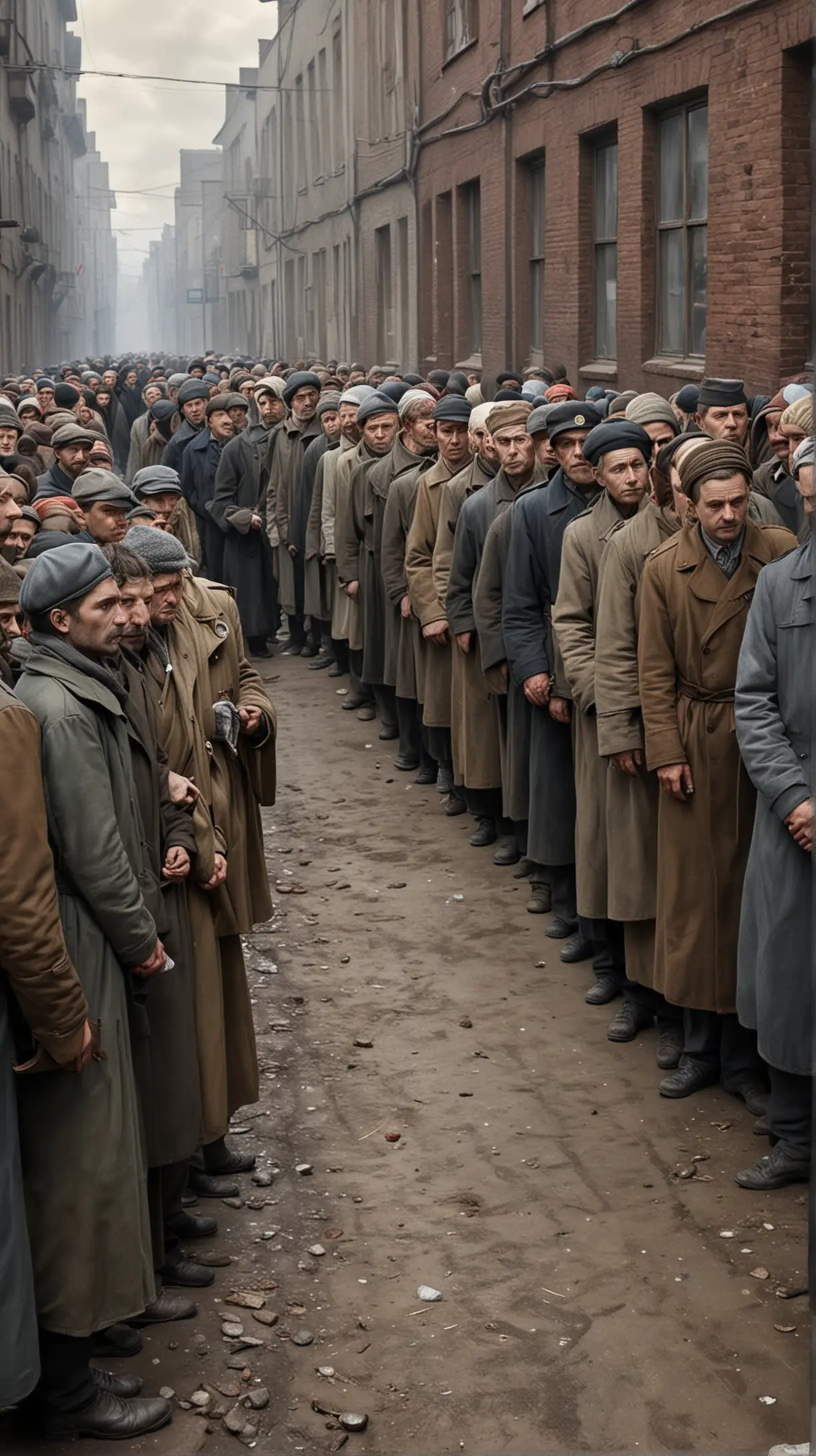 Queue for Rations: The queue could be depicted as long and winding, with weary-looking people waiting patiently for meager food rations. This image should highlight the economic hardships faced by ordinary soviet citizens, particularly those targeted as enemies of the people. Hyper realistic.
