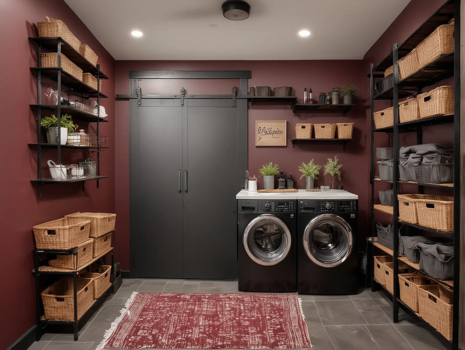 Generate a wide shot of a modern laundry room with burgundy accent walls, industrial metal shelving, wicker baskets for laundry storage, and a rolling barn door with a sleek black finish.