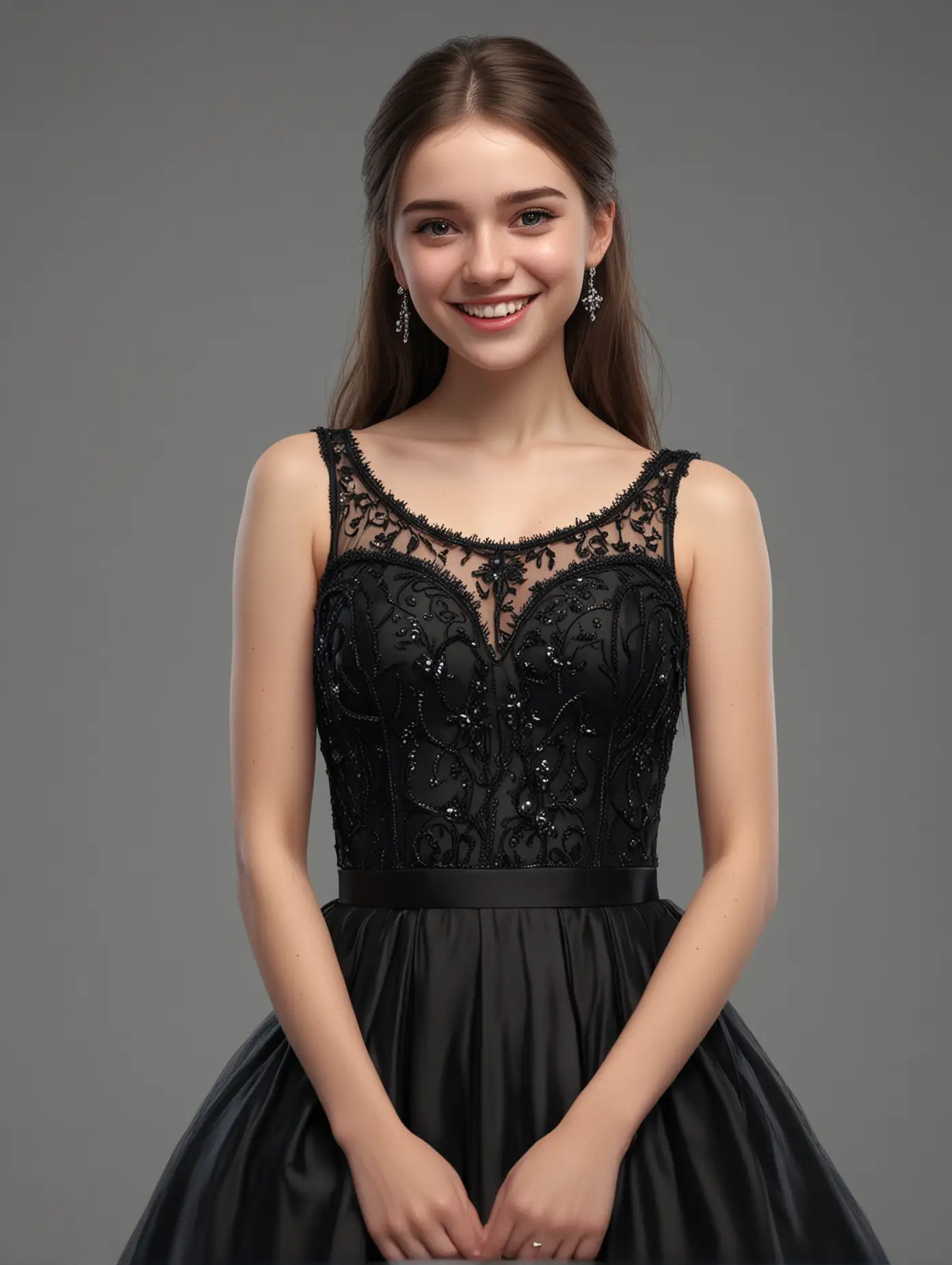 穿着黑色礼服表情很高兴的女生，半身，和衣服有关联的装饰，纯色背景，超真实，4k高清