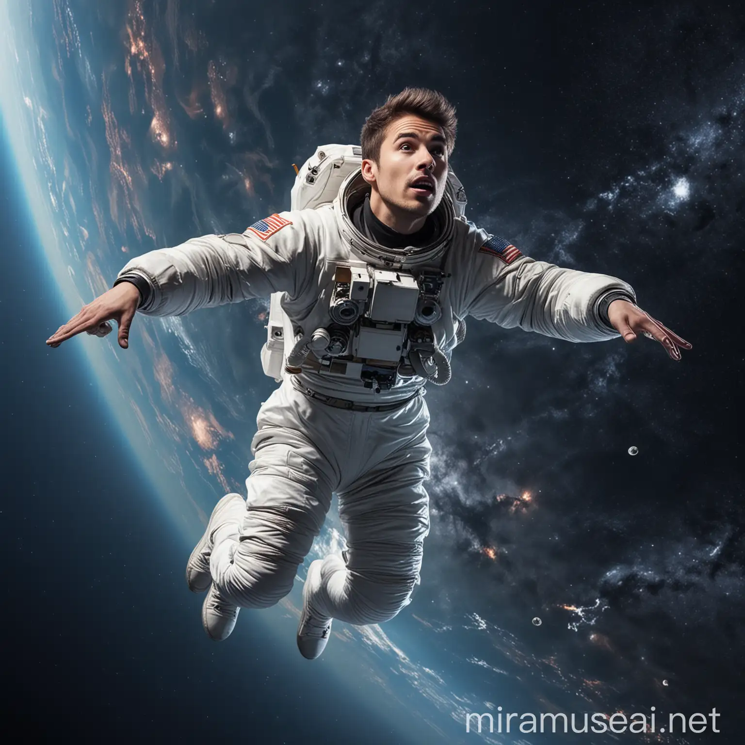 Young Man Flying in Space