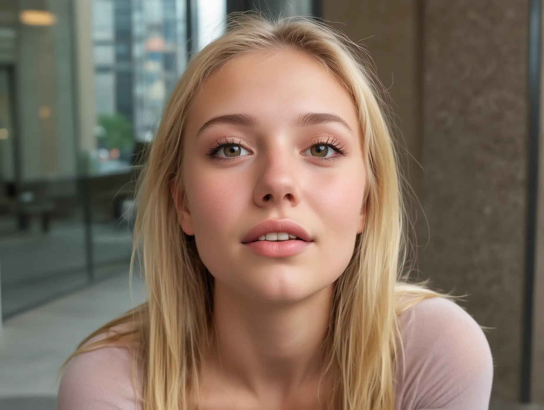 Face of a petite sweet blond 20 year old model with a perky little nose blushing and looking up in wonder at the camera from where she's sitting in the entry lobby of a high-rise office building.