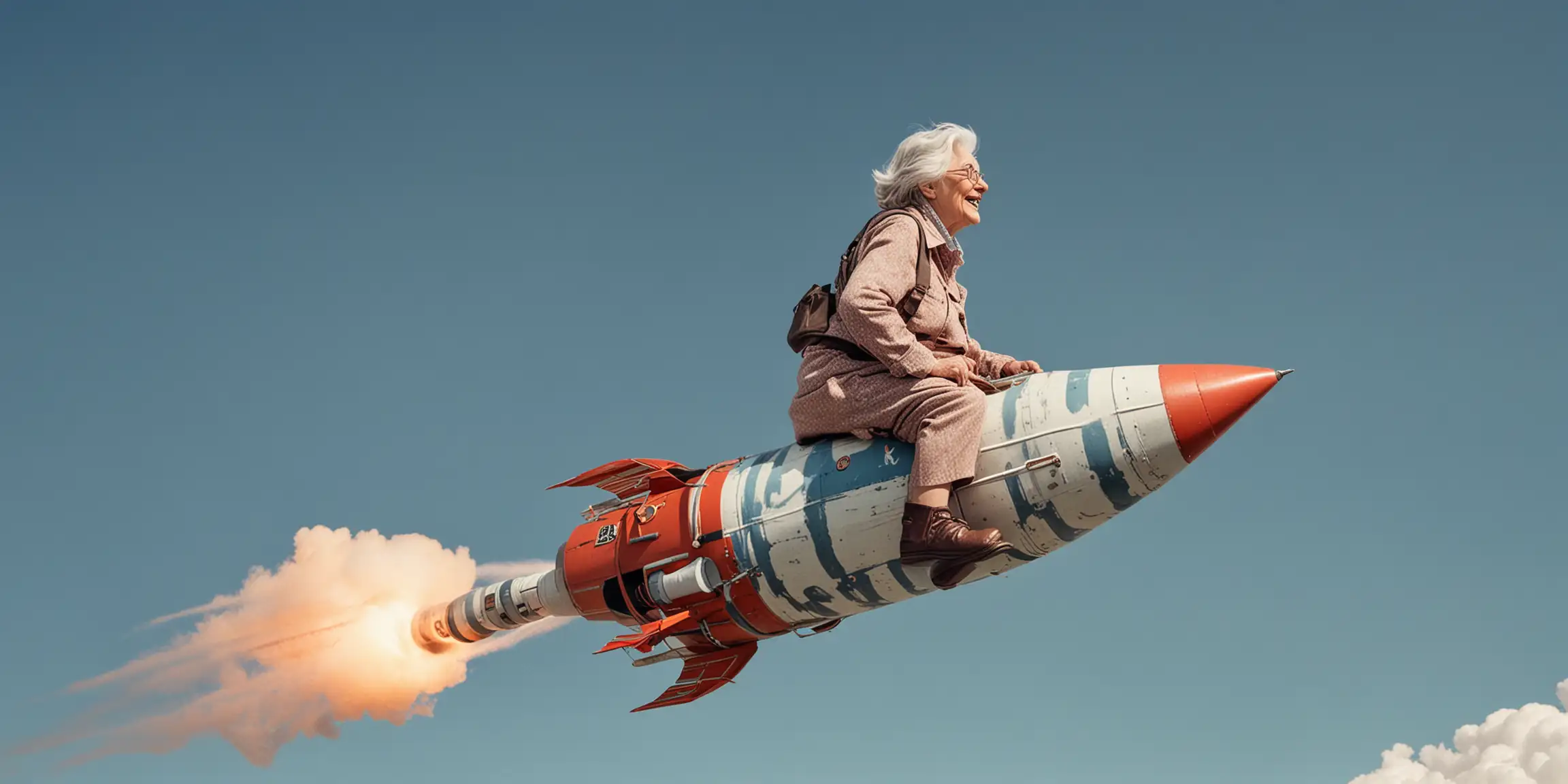 OLD LADY WITH GRAY HAIR RIDING A ROCKET ON A BLUE SKY