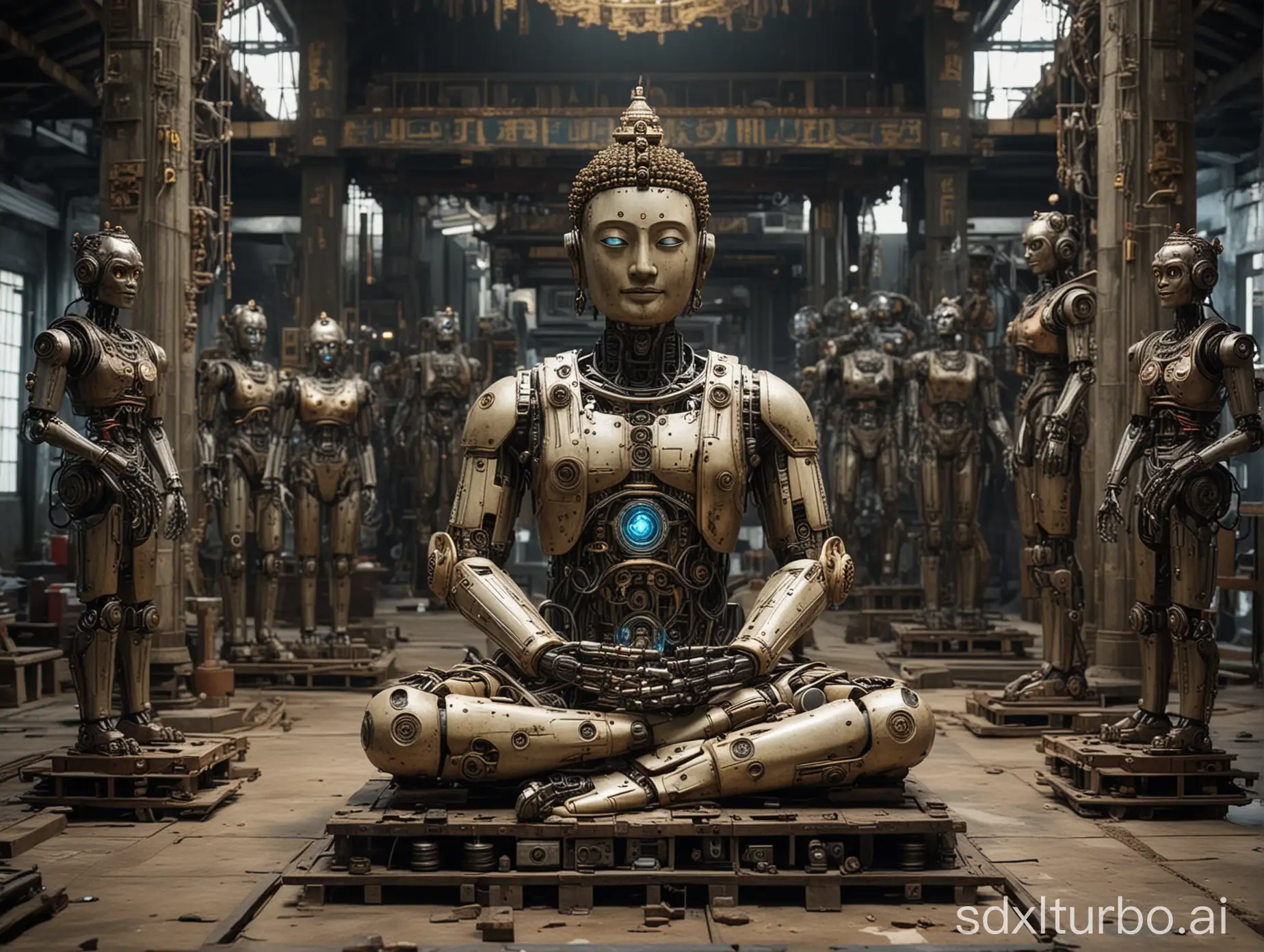 Cyberpke temple has robot Michael Buddha and mechanical gear