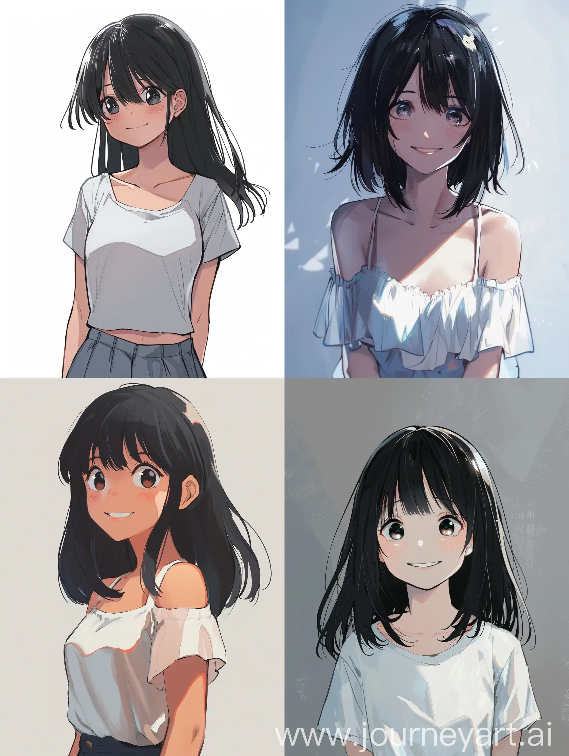 Девушка,в аниме стиле,стоит в полный рост,черные волосы по плечи,улыбается